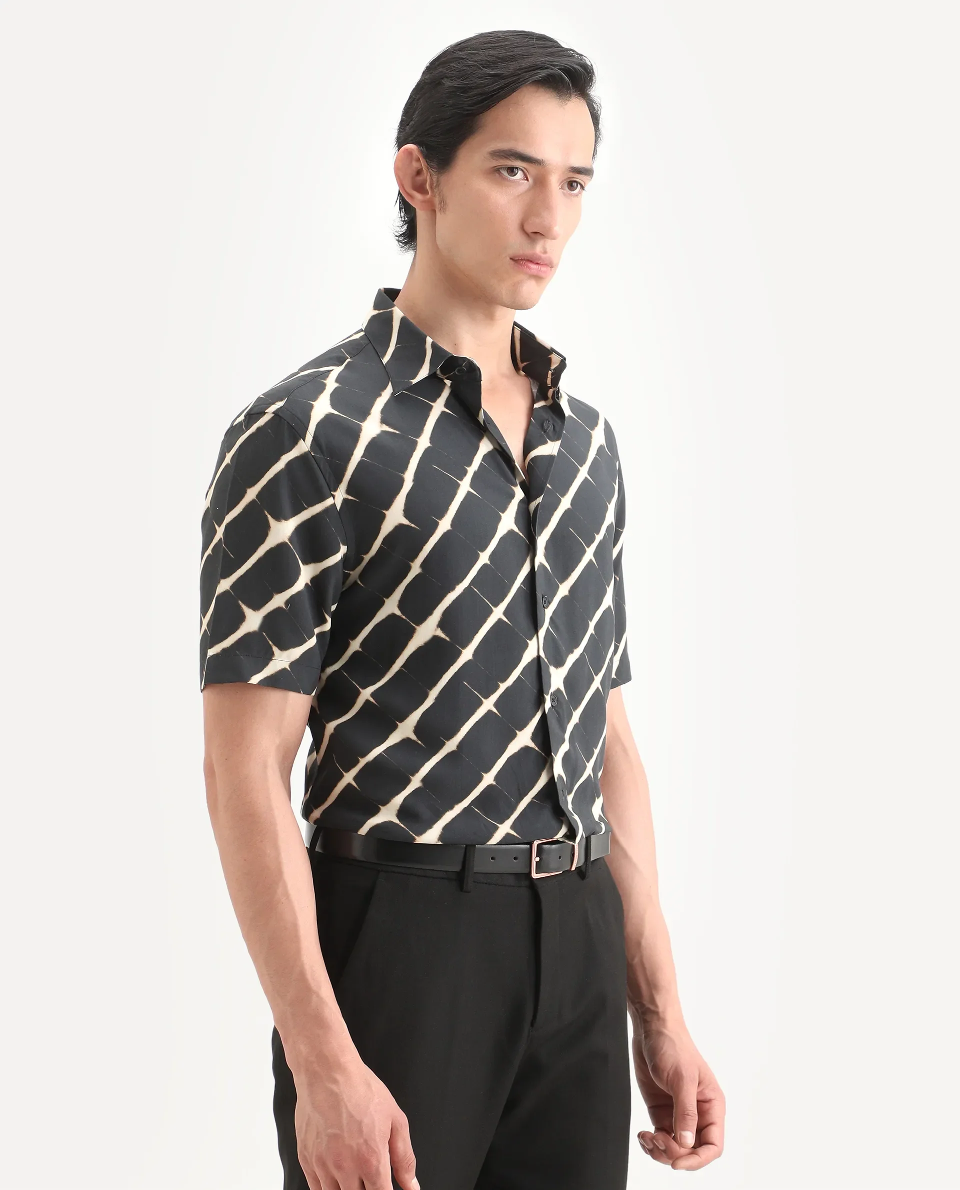 Rare Rabbit Men's Gunt Black Viscose Fabric Half Sleeve Spread Collar Regular Fit Abstract Print Shirt - Image 6