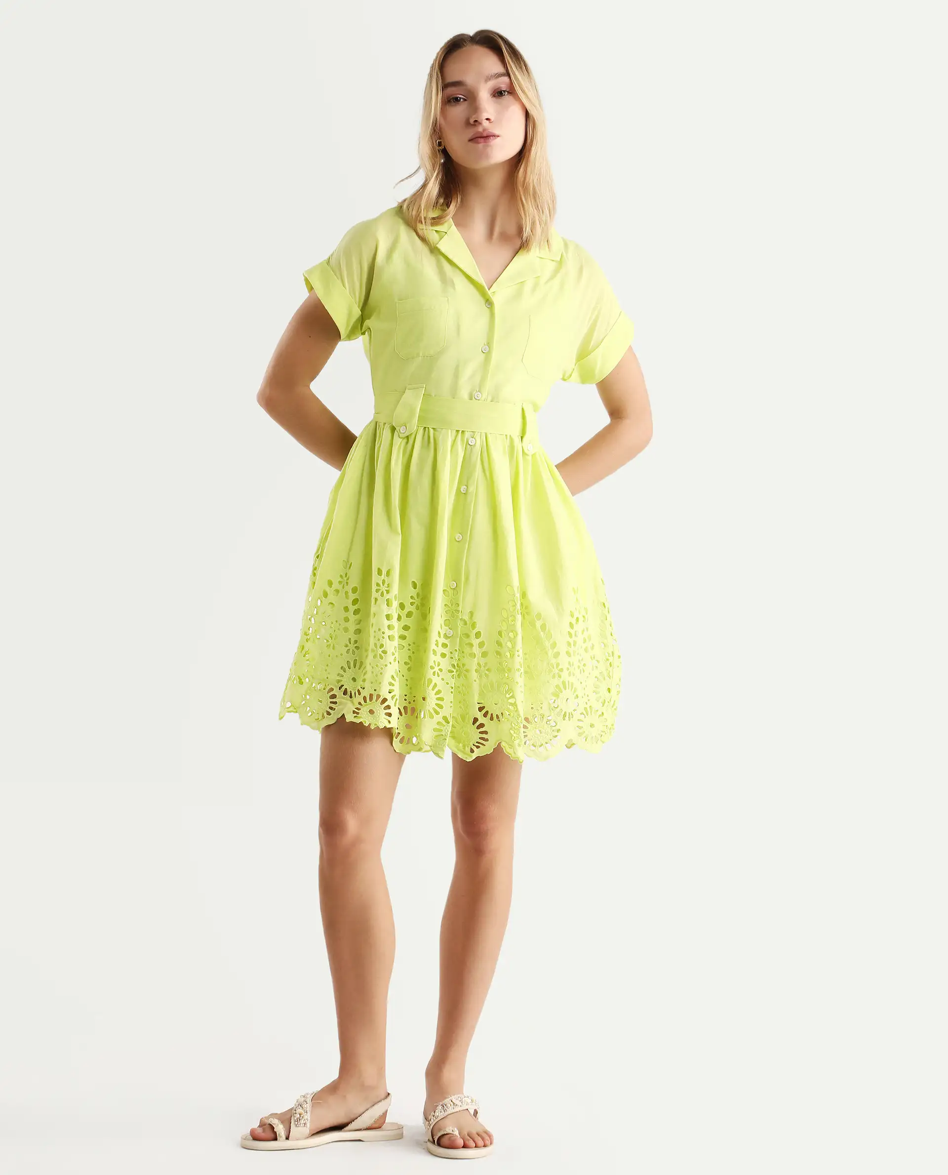 Rareism Women's Gunthaar Light Green Cotton Lapel Neck Schiffli Extended Sleeves Mini Flared Dress - Image 2