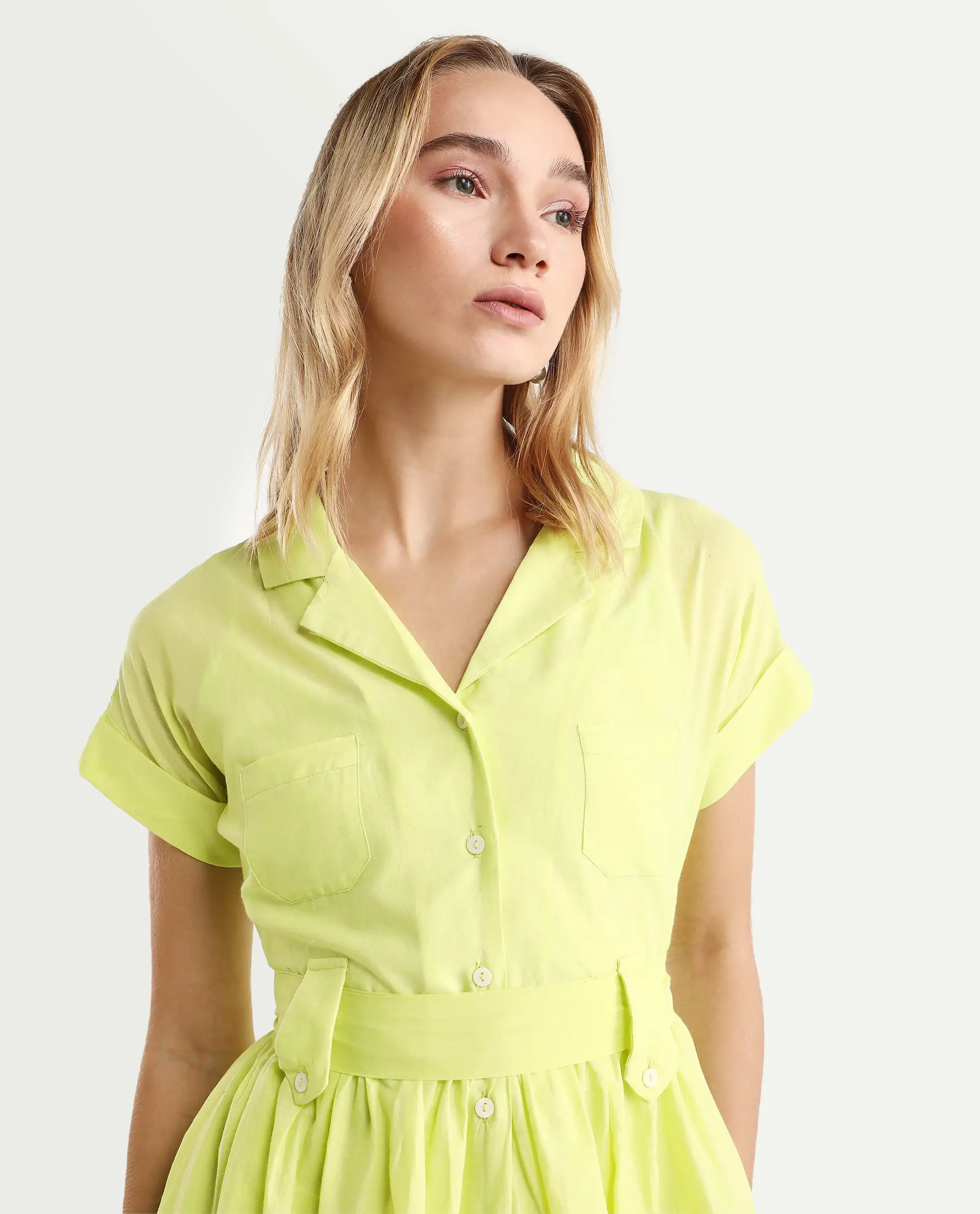Rareism Women's Gunthaar Light Green Cotton Lapel Neck Schiffli Extended Sleeves Mini Flared Dress - Image 4