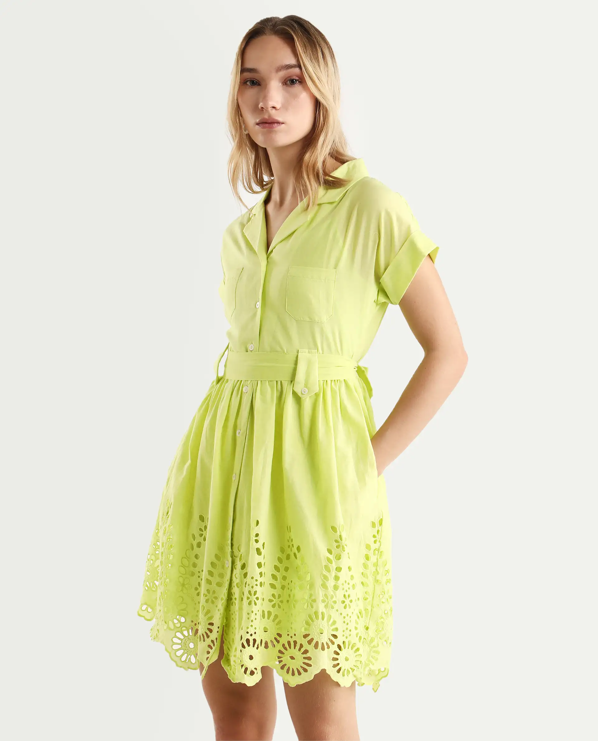Rareism Women's Gunthaar Light Green Cotton Lapel Neck Schiffli Extended Sleeves Mini Flared Dress - Image 5