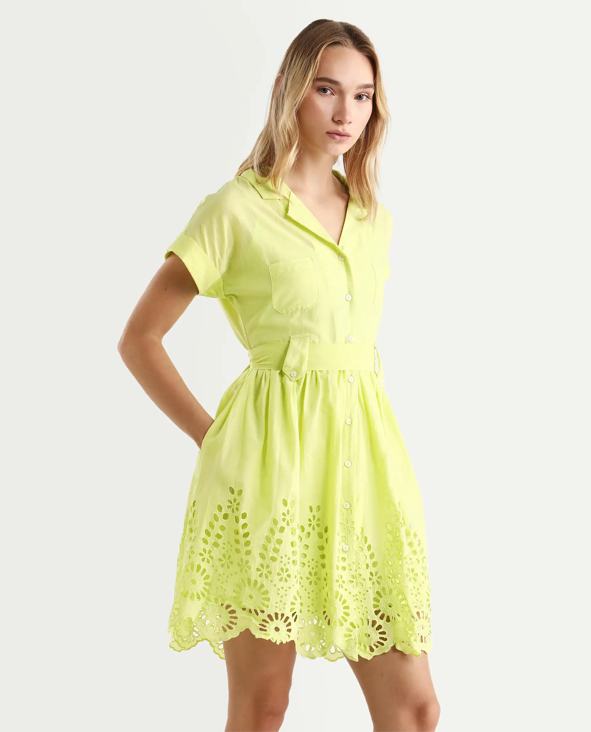 Rareism Women's Gunthaar Light Green Cotton Lapel Neck Schiffli Extended Sleeves Mini Flared Dress - Image 6