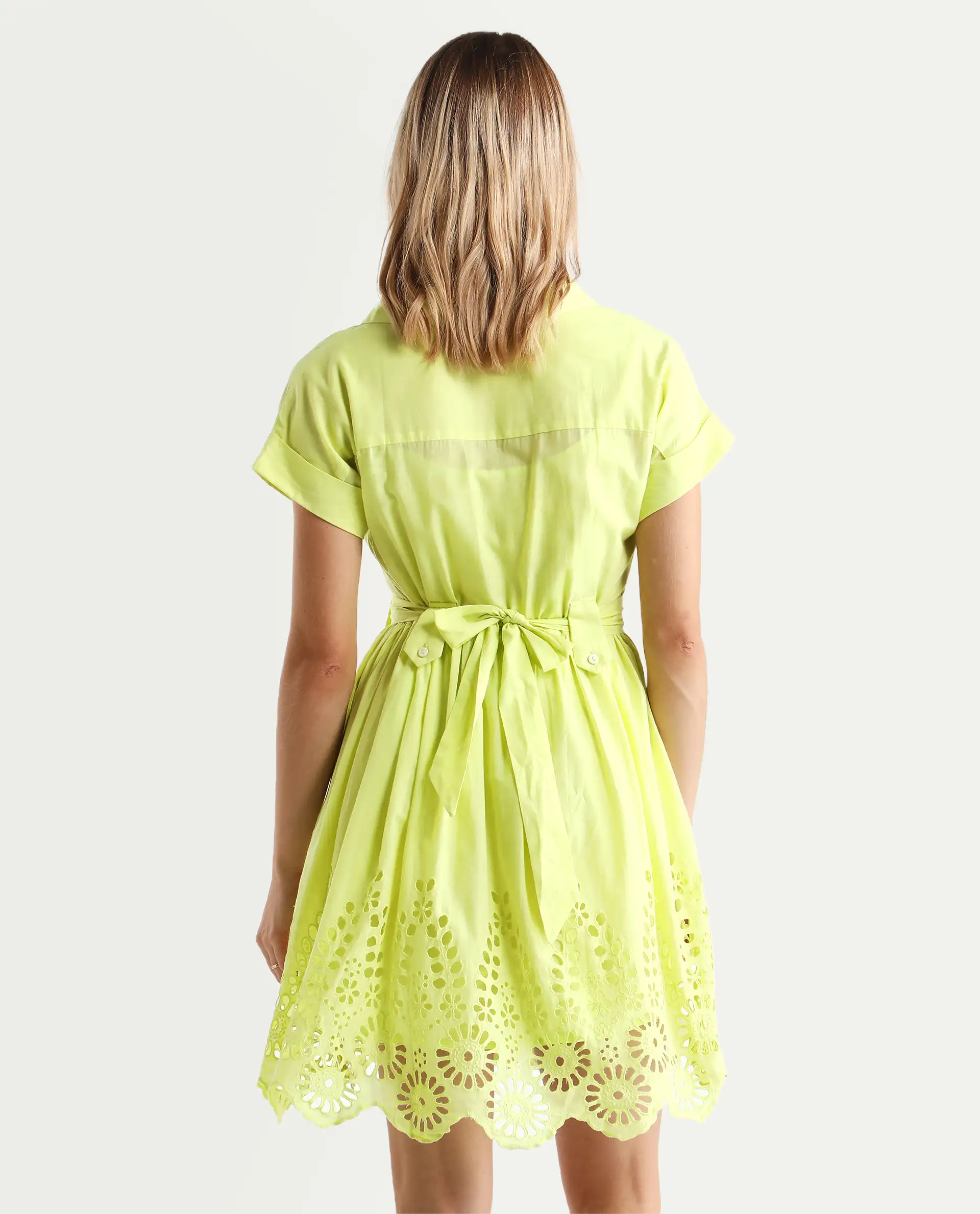 Rareism Women's Gunthaar Light Green Cotton Lapel Neck Schiffli Extended Sleeves Mini Flared Dress - Image 7
