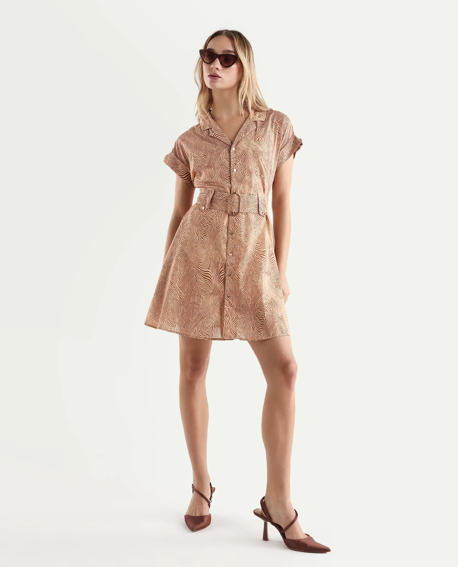 Rareism Women's Gunther Light Beige Cotton Lapel Neck Geometric Print Extended Sleeves Mini A-Line Dress - Image 2