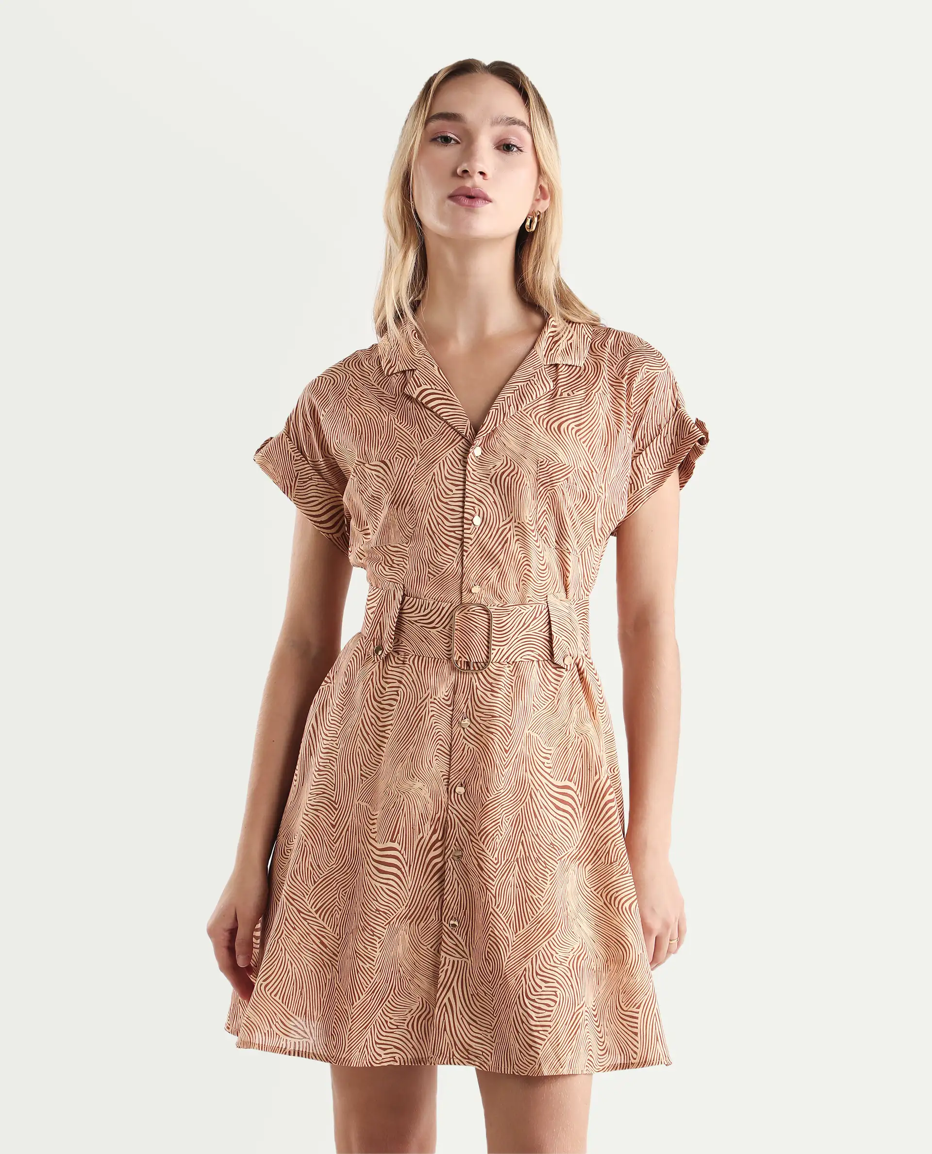 Rareism Women's Gunther Light Beige Cotton Lapel Neck Geometric Print Extended Sleeves Mini A-Line Dress - Image 4