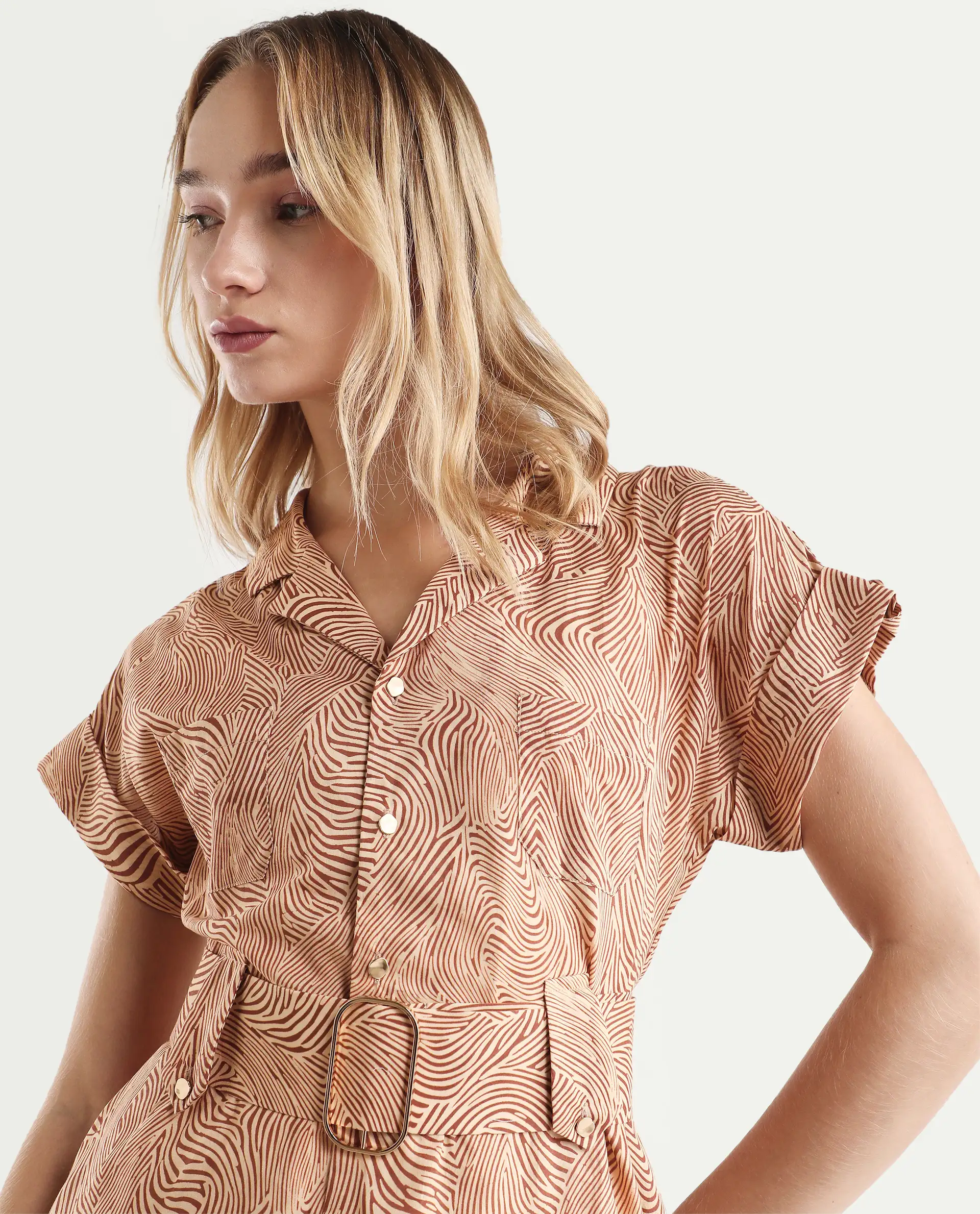 Rareism Women's Gunther Light Beige Cotton Lapel Neck Geometric Print Extended Sleeves Mini A-Line Dress - Image 5