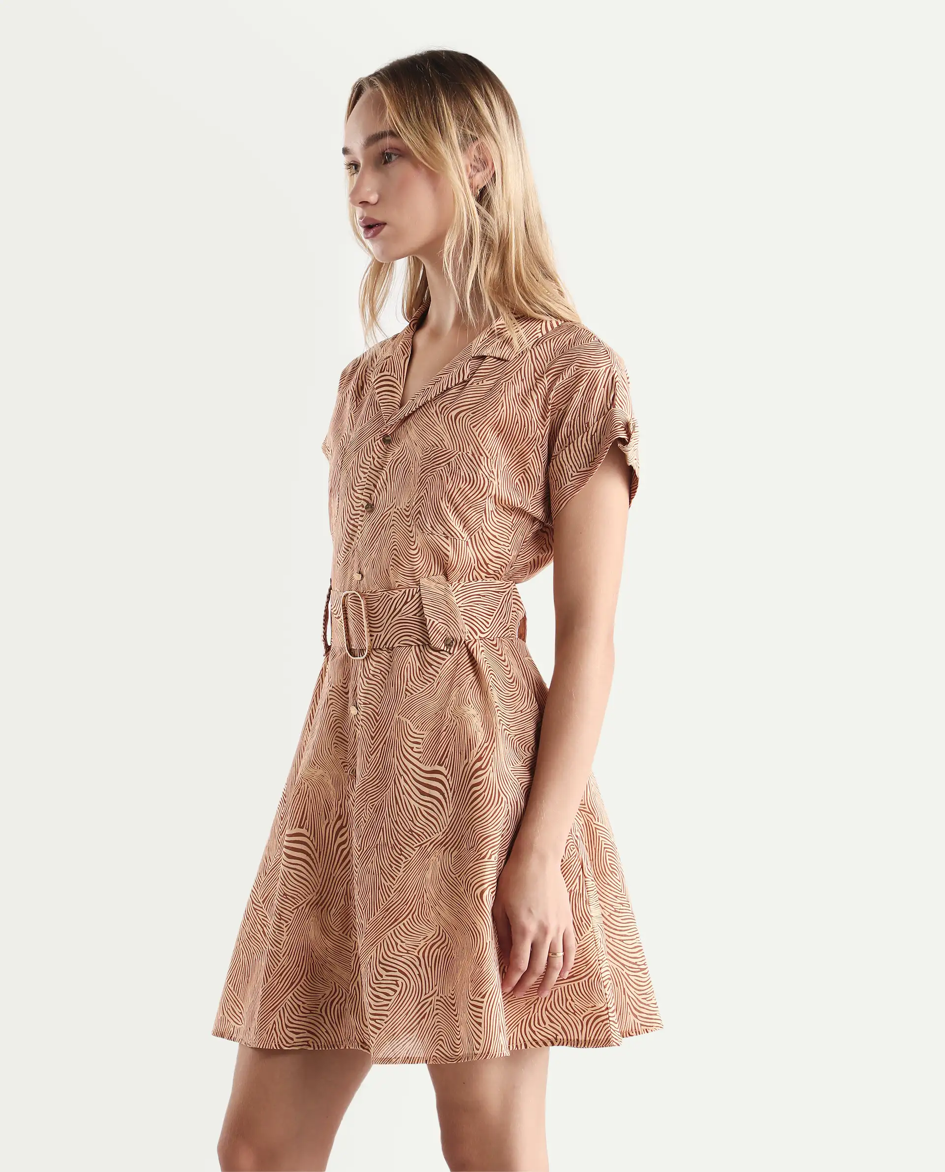 Rareism Women's Gunther Light Beige Cotton Lapel Neck Geometric Print Extended Sleeves Mini A-Line Dress - Image 6