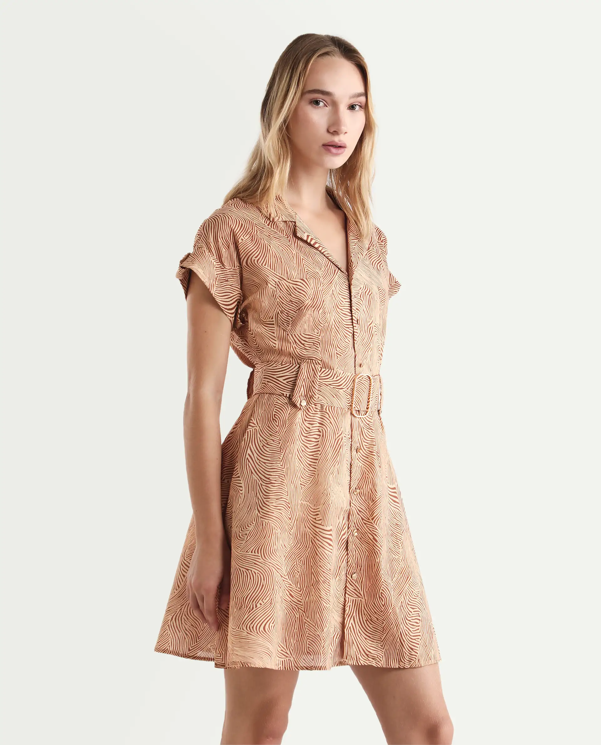 Rareism Women's Gunther Light Beige Cotton Lapel Neck Geometric Print Extended Sleeves Mini A-Line Dress - Image 7
