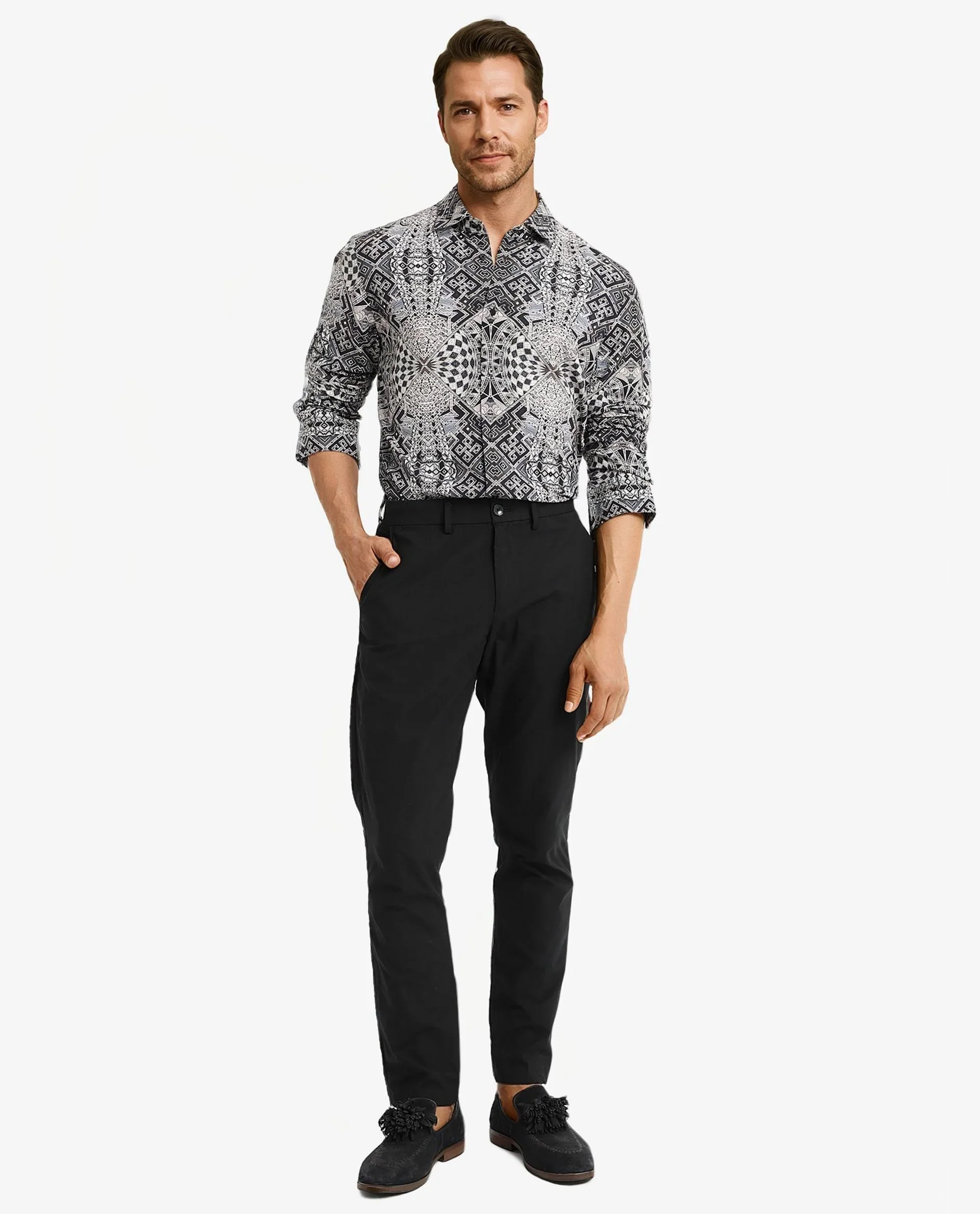Rare Rabbit Men's Guret Black Viscose Decorative Print Regular Fit Full Sleeve Collared Shirt - Image 2