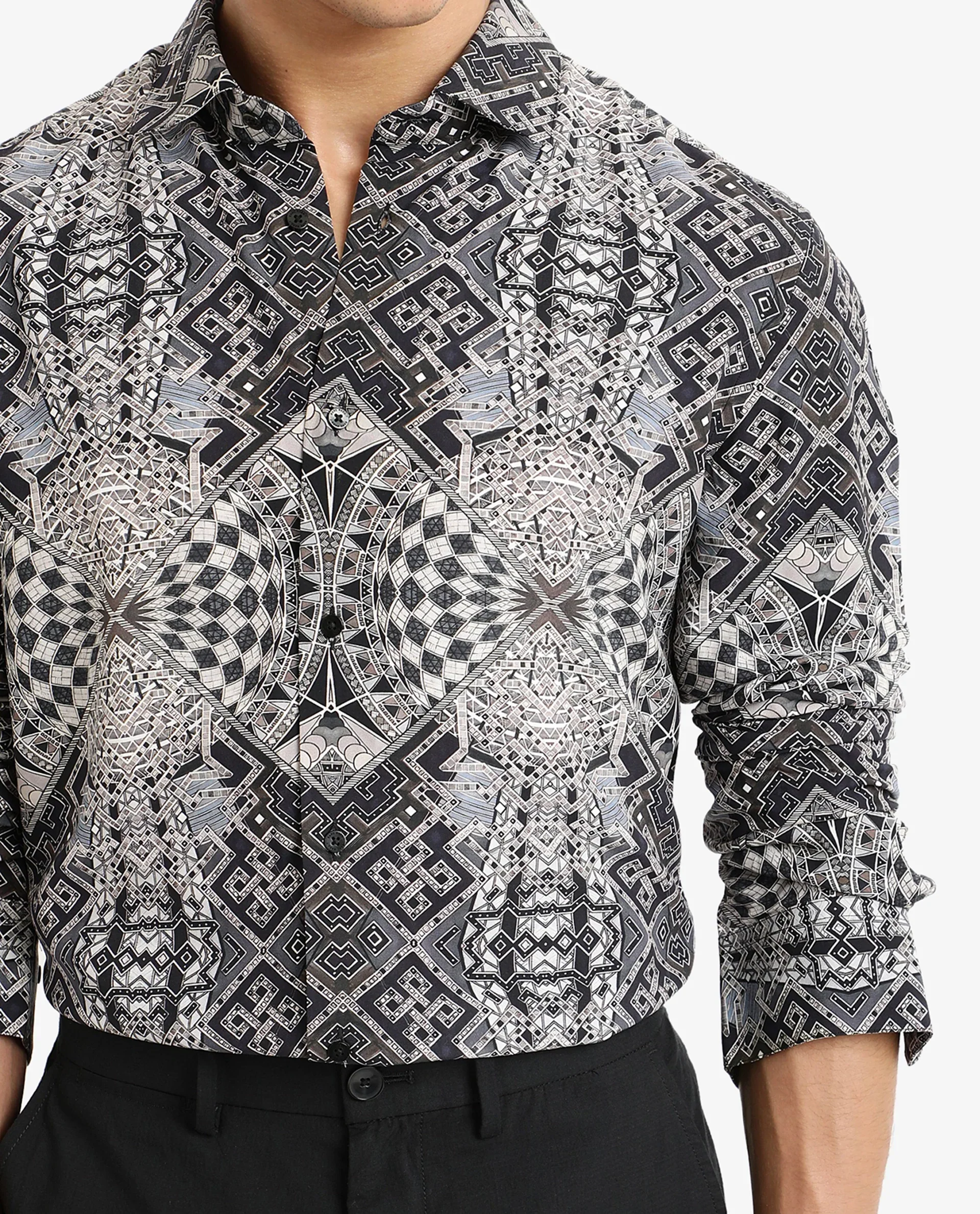 Rare Rabbit Men's Guret Black Viscose Decorative Print Regular Fit Full Sleeve Collared Shirt - Image 3