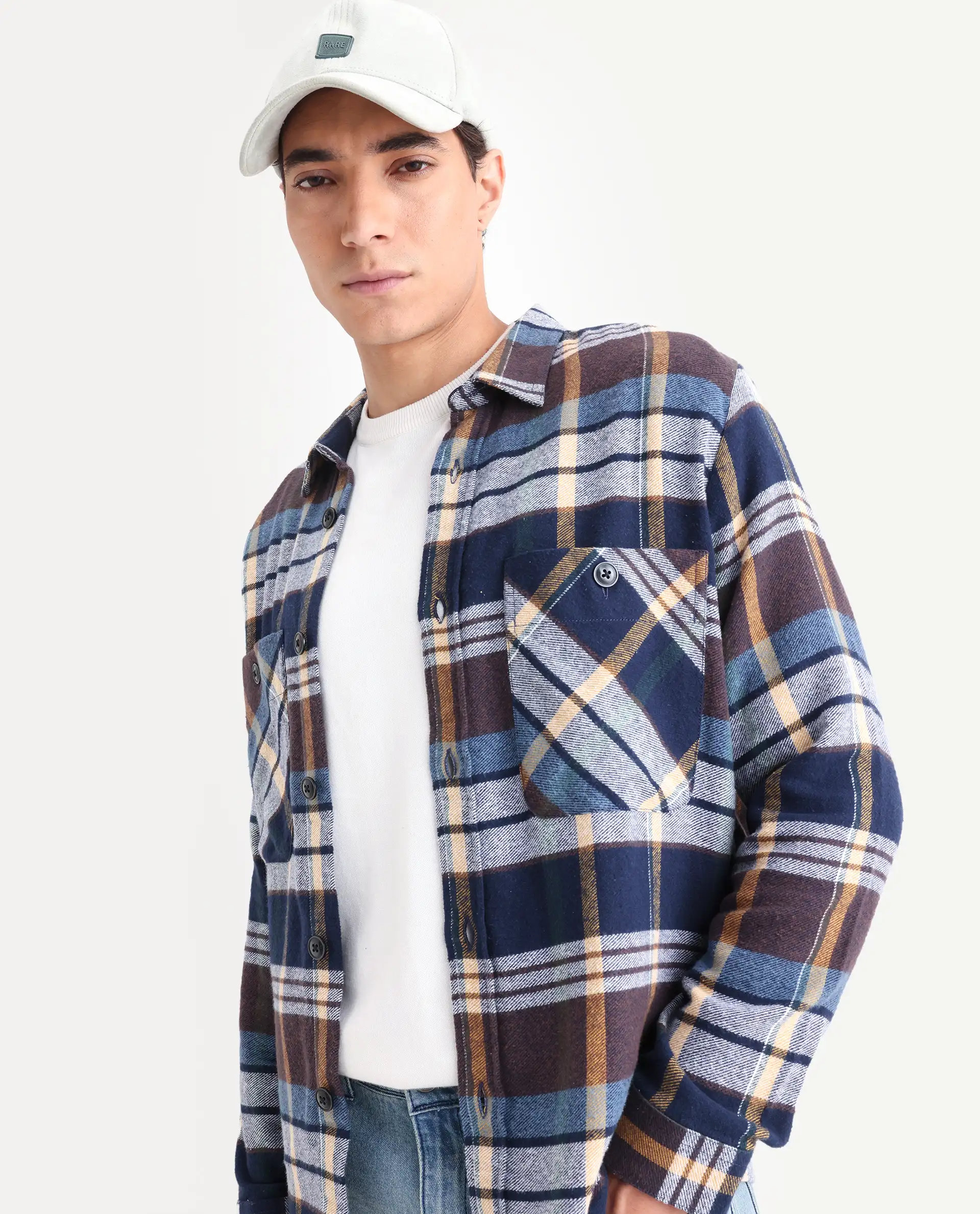 Rare Rabbit Men's Gustro Brown Cotton Checked Print Relaxed Fit Full Sleeve Collared Shacket