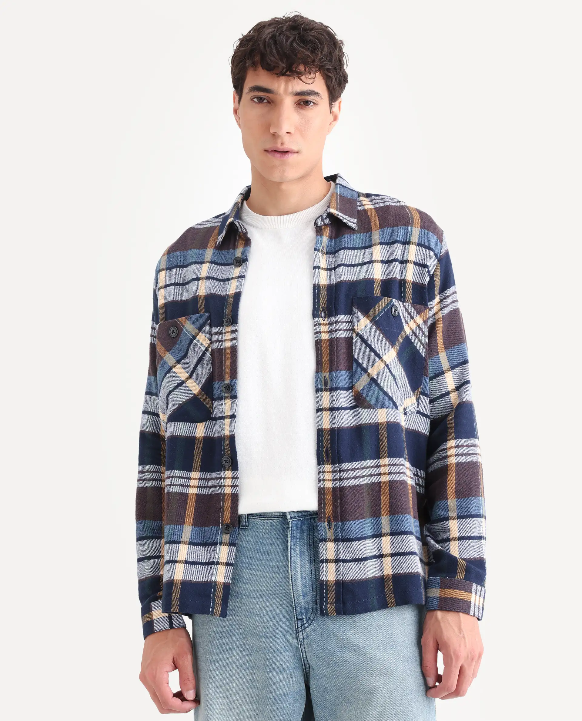Rare Rabbit Men's Gustro Brown Cotton Checked Print Relaxed Fit Full Sleeve Collared Shacket - Image 3