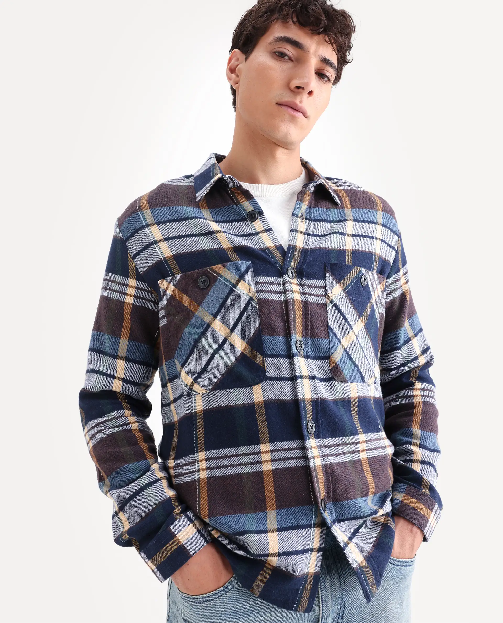 Rare Rabbit Men's Gustro Brown Cotton Checked Print Relaxed Fit Full Sleeve Collared Shacket - Image 4