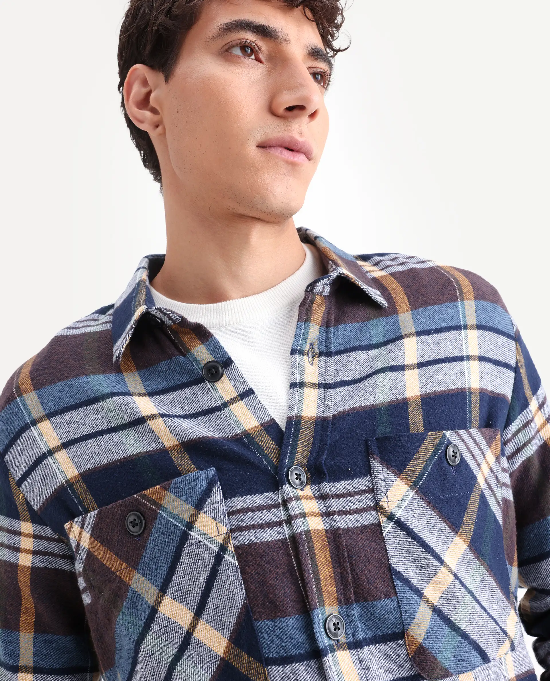Rare Rabbit Men's Gustro Brown Cotton Checked Print Relaxed Fit Full Sleeve Collared Shacket - Image 5