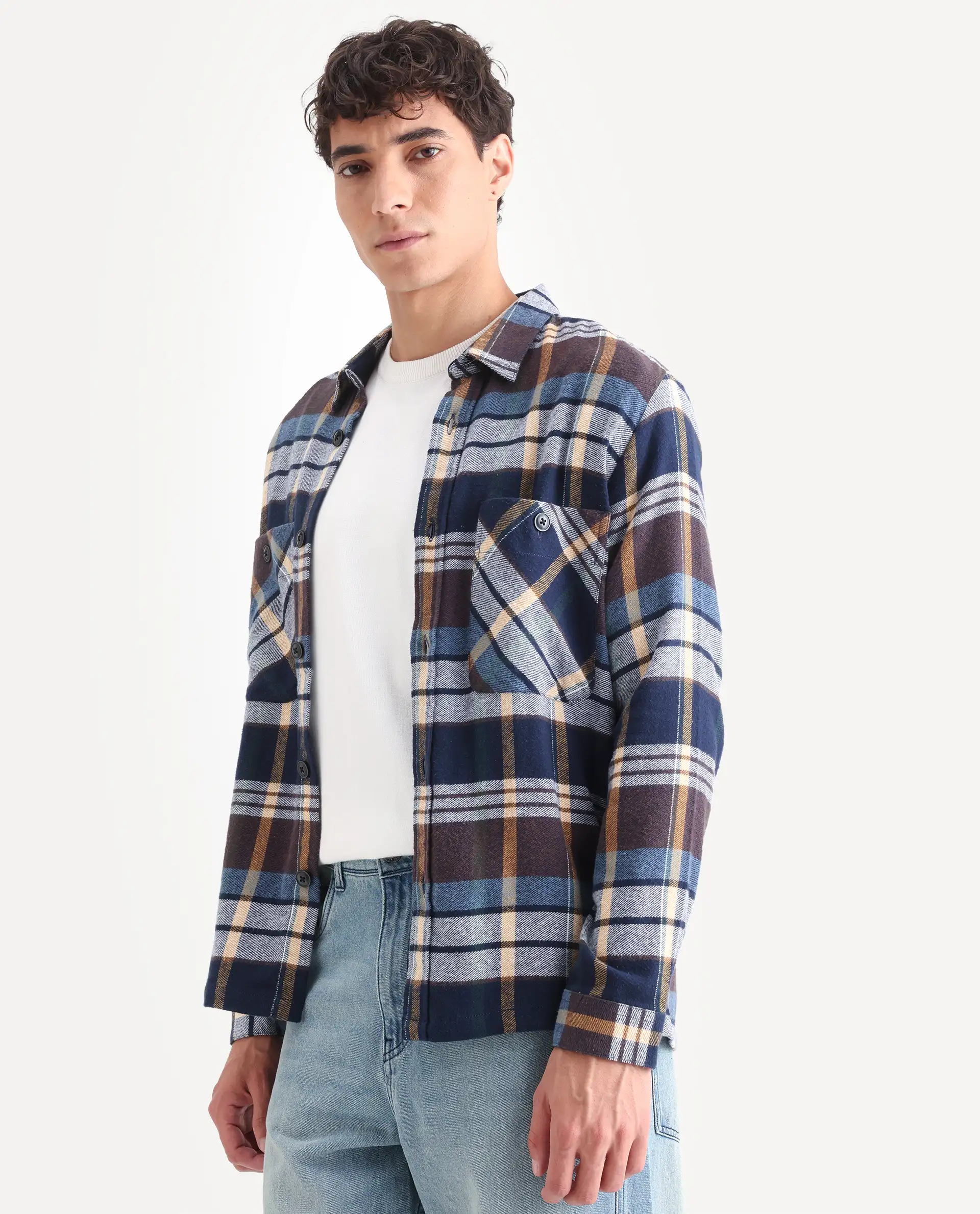 Rare Rabbit Men's Gustro Brown Cotton Checked Print Relaxed Fit Full Sleeve Collared Shacket - Image 6