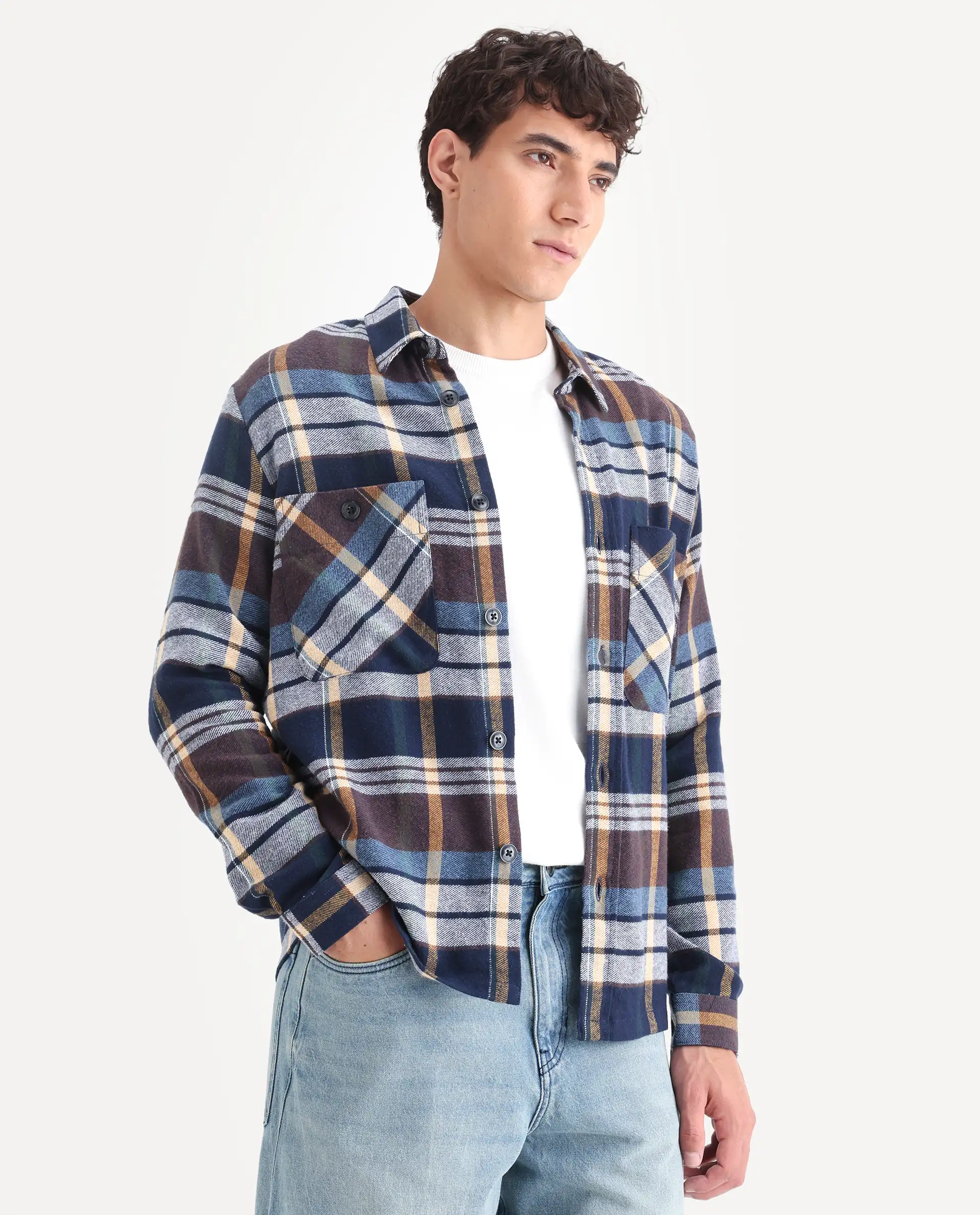 Rare Rabbit Men's Gustro Brown Cotton Checked Print Relaxed Fit Full Sleeve Collared Shacket - Image 7