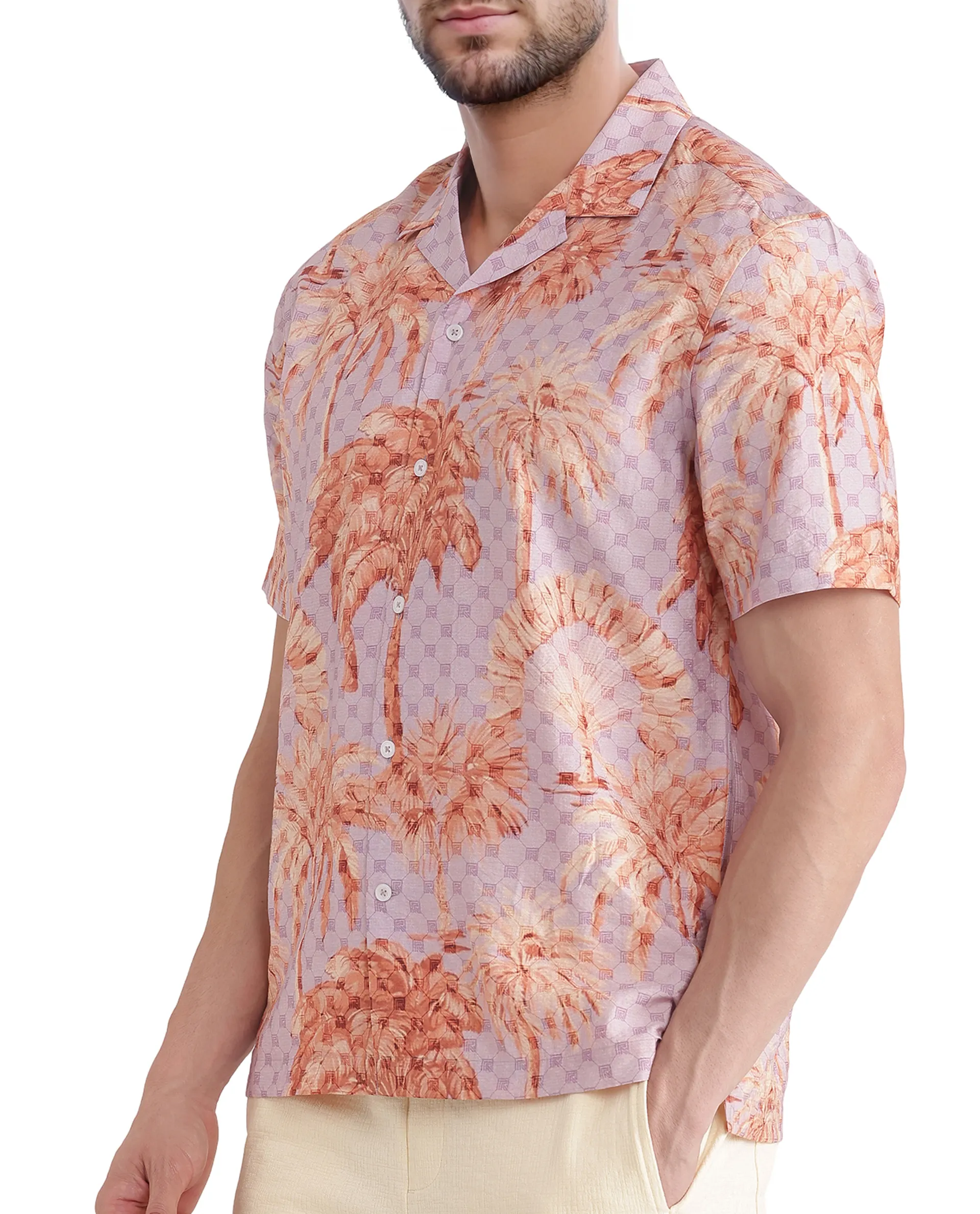 Rare Rabbit Men's Gusy Pastel Purple Viscose Blend Monogram Print Boxy Fit Half Sleeve Cuban Collar Shirt - Image 3