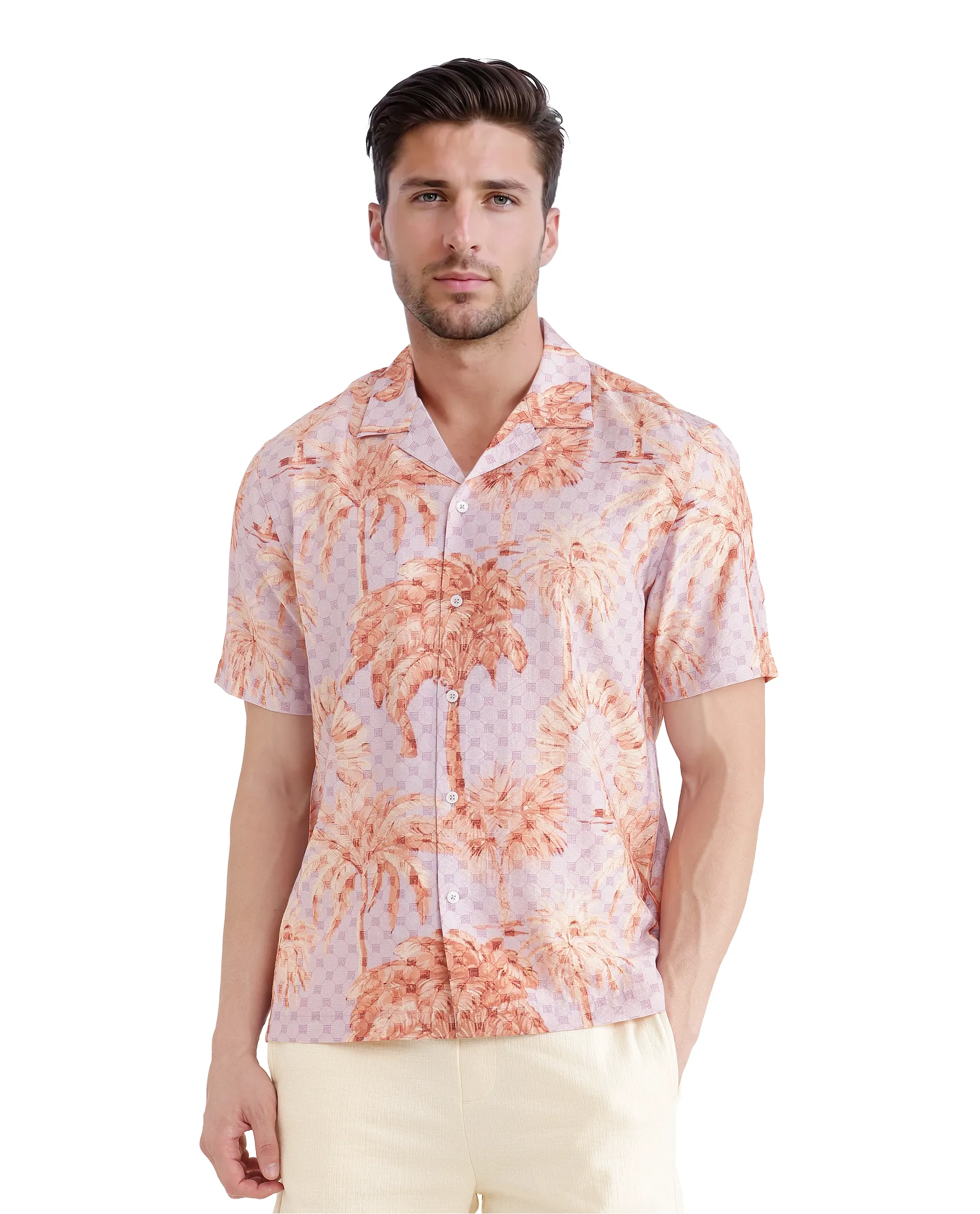 Rare Rabbit Men's Gusy Pastel Purple Viscose Blend Monogram Print Boxy Fit Half Sleeve Cuban Collar Shirt - Image 5