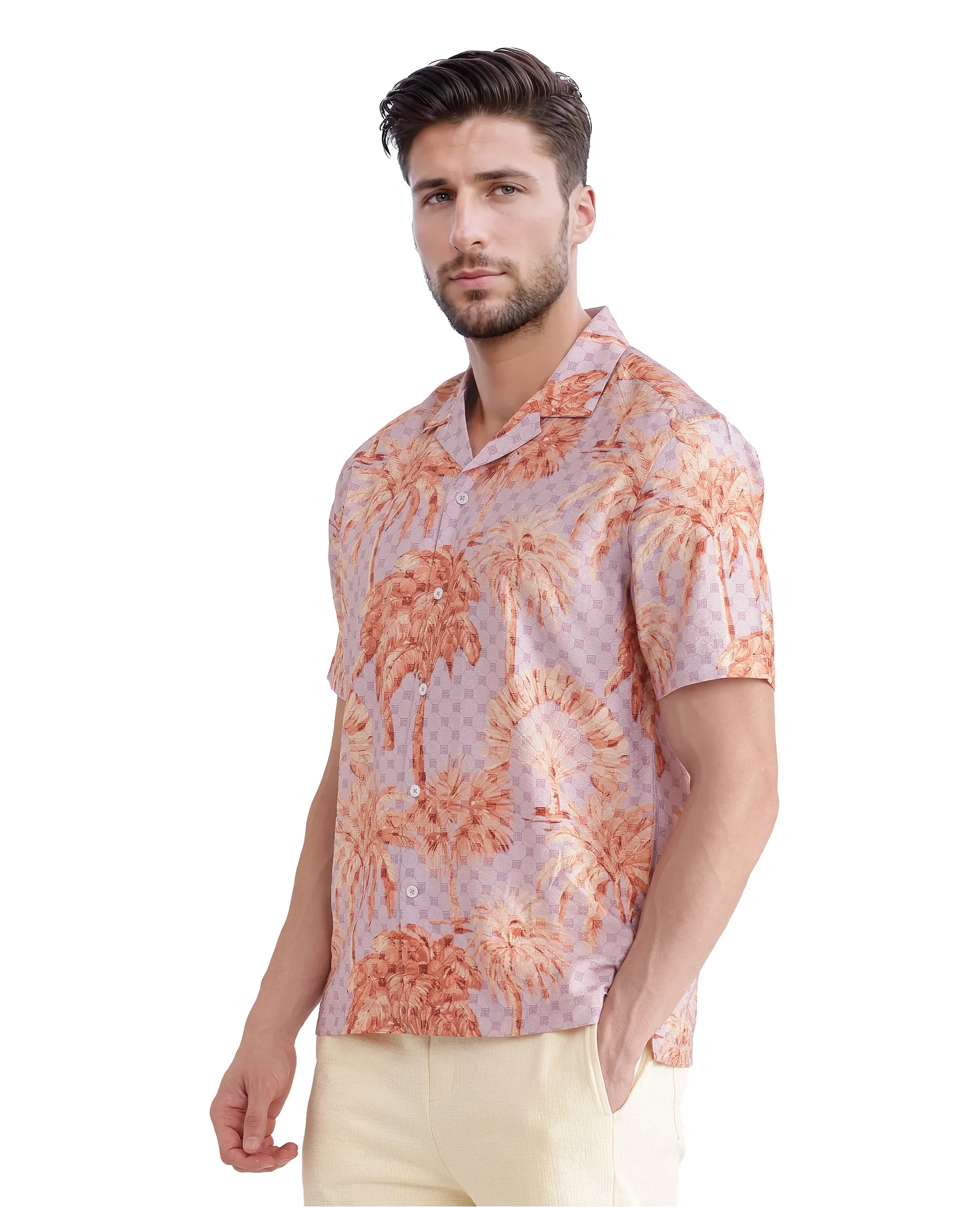 Rare Rabbit Men's Gusy Pastel Purple Viscose Blend Monogram Print Boxy Fit Half Sleeve Cuban Collar Shirt - Image 6