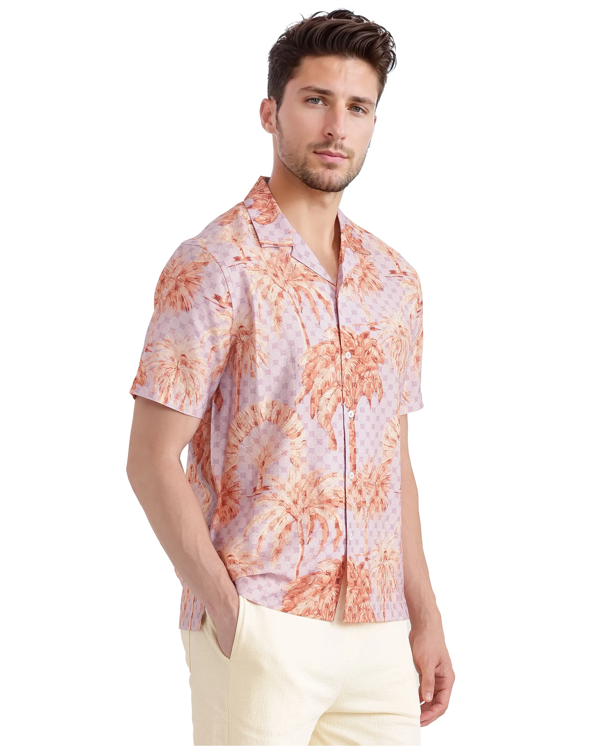 Rare Rabbit Men's Gusy Pastel Purple Viscose Blend Monogram Print Boxy Fit Half Sleeve Cuban Collar Shirt - Image 7