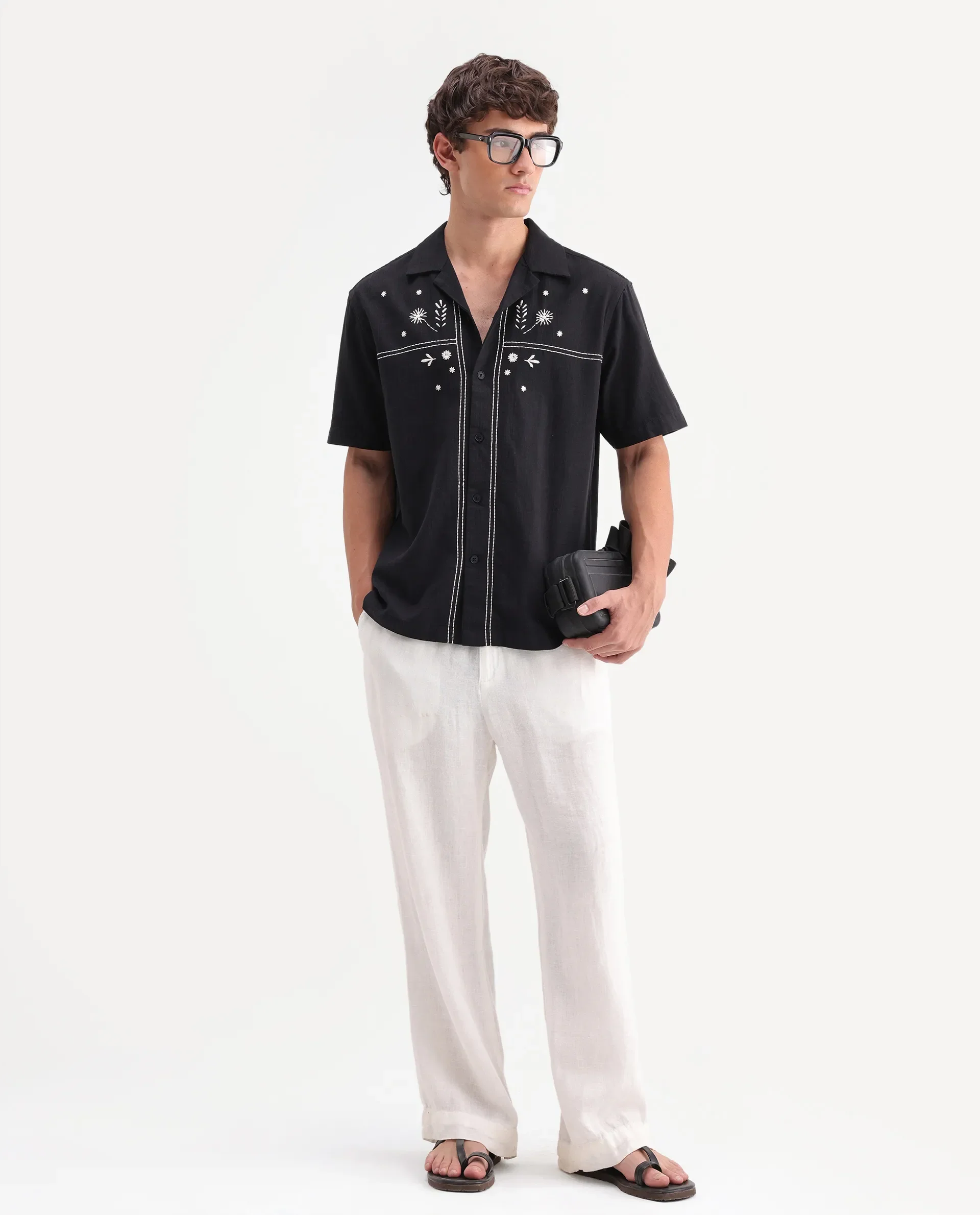Rare Rabbit Men's Gwen 26 Black Cotton Blend Fabric Half Sleeve Cuban Collar Relaxed Fit Embroidered Shirt - Image 2