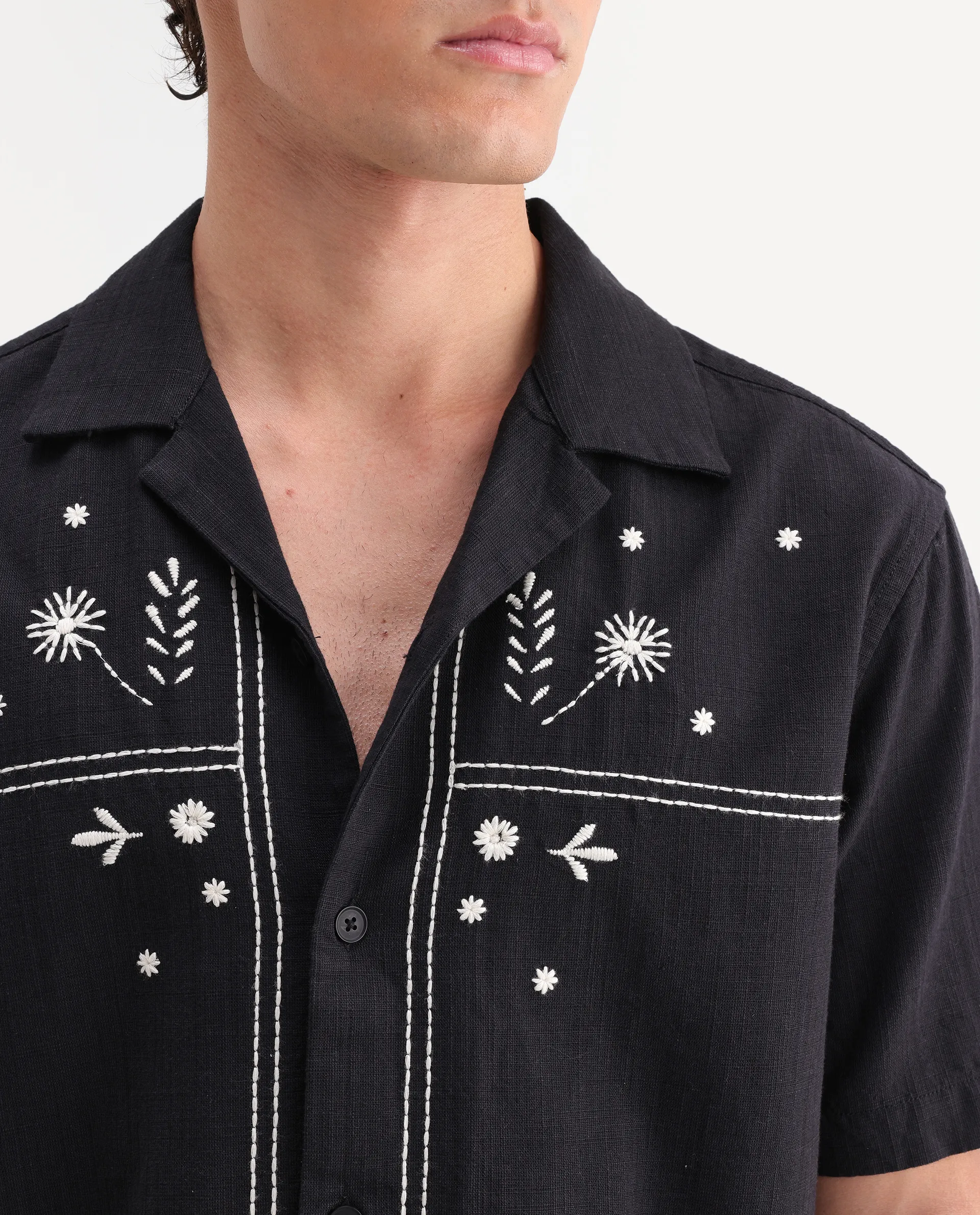 Rare Rabbit Men's Gwen 26 Black Cotton Blend Fabric Half Sleeve Cuban Collar Relaxed Fit Embroidered Shirt - Image 3