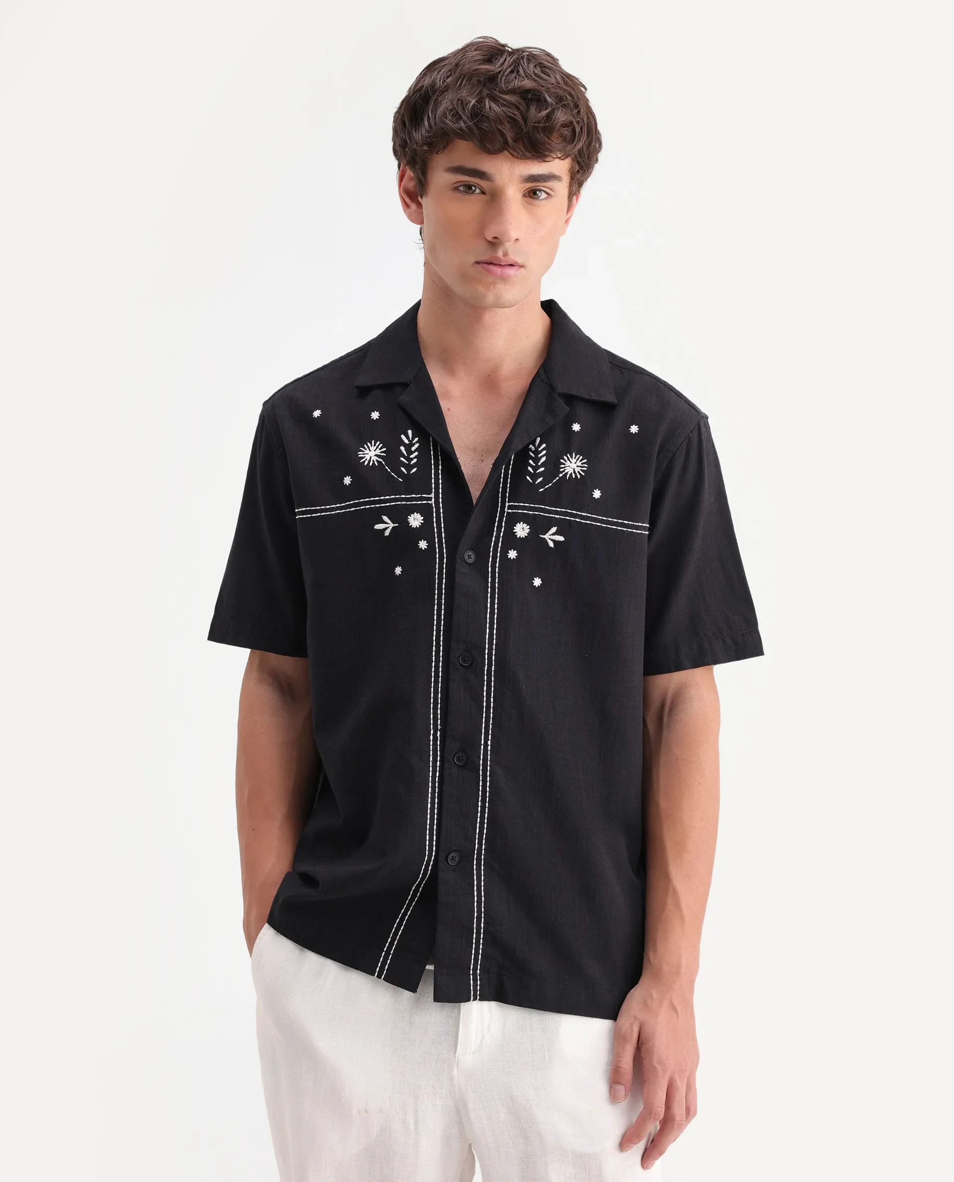 Rare Rabbit Men's Gwen 26 Black Cotton Blend Fabric Half Sleeve Cuban Collar Relaxed Fit Embroidered Shirt - Image 4