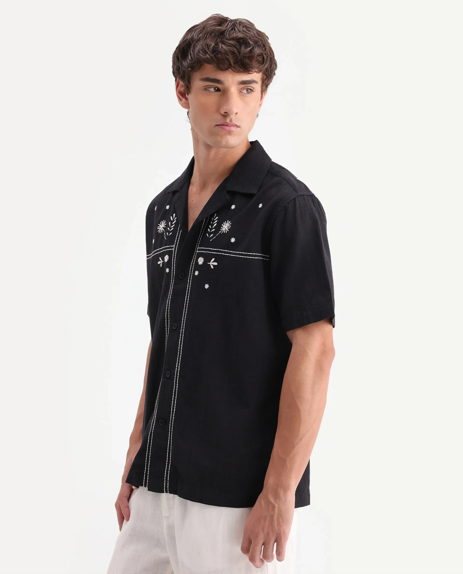 Rare Rabbit Men's Gwen 26 Black Cotton Blend Fabric Half Sleeve Cuban Collar Relaxed Fit Embroidered Shirt - Image 5