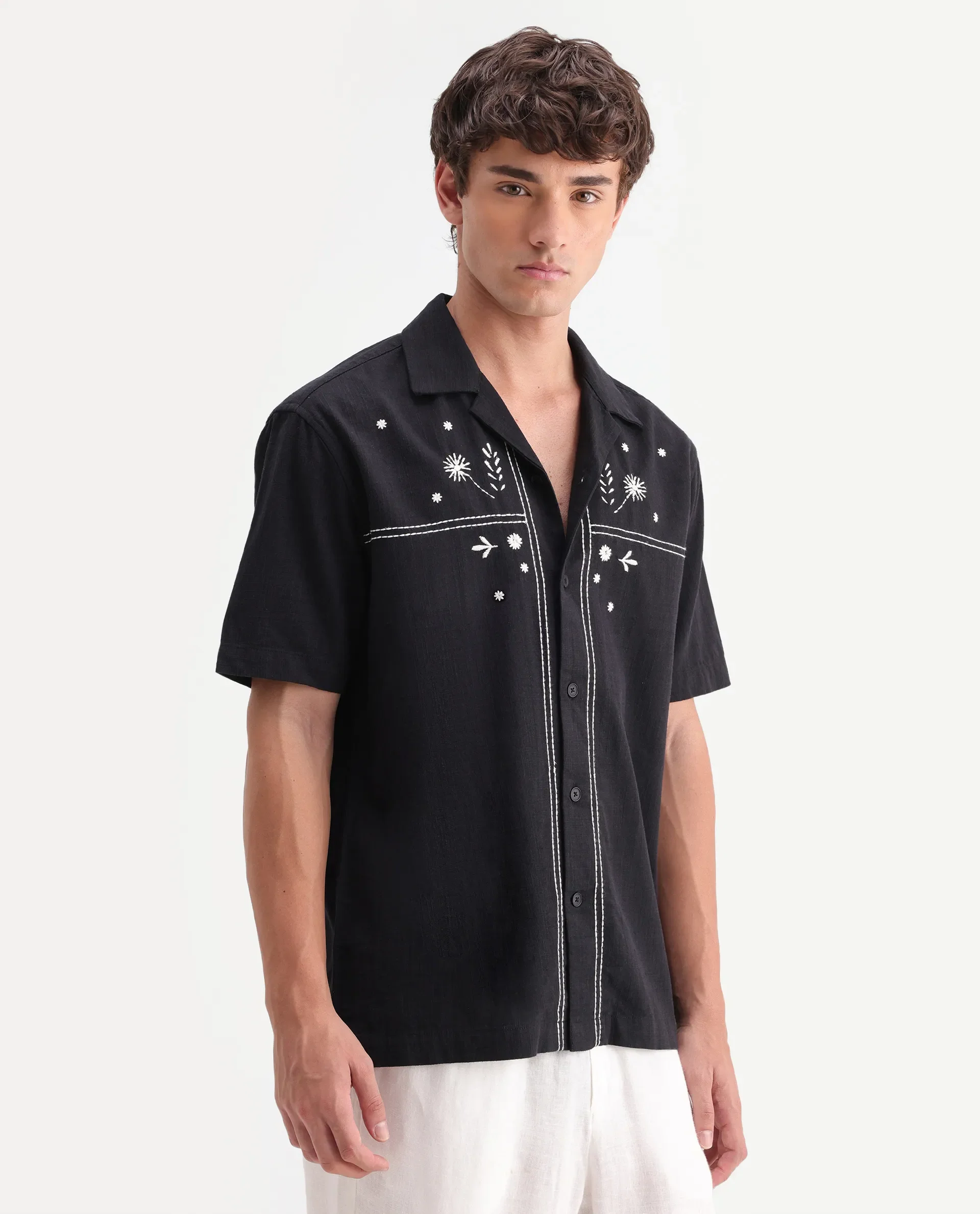 Rare Rabbit Men's Gwen 26 Black Cotton Blend Fabric Half Sleeve Cuban Collar Relaxed Fit Embroidered Shirt - Image 6