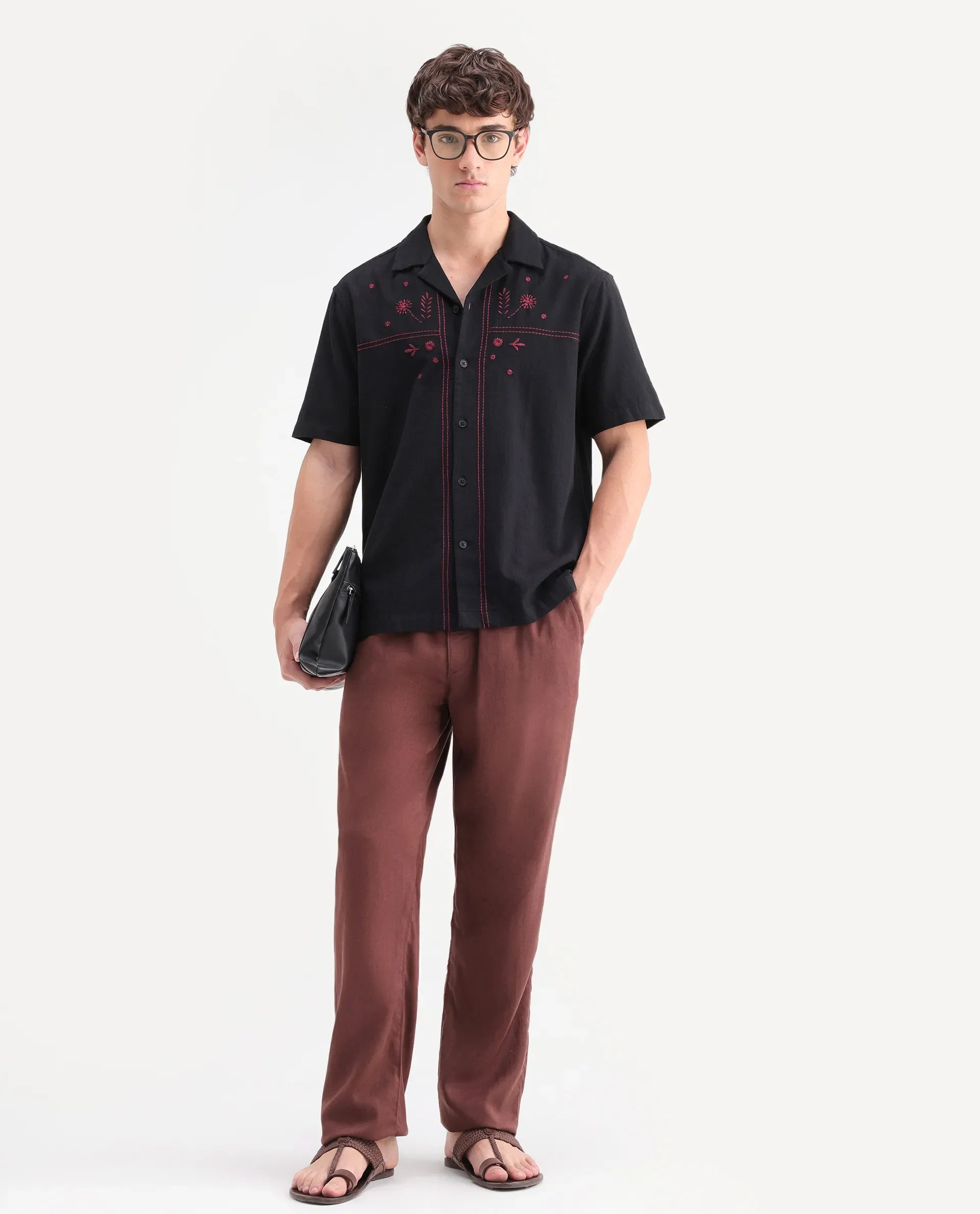 Rare Rabbit Men's Gwen 26 Dark Black Cotton Blend Fabric Half Sleeve Cuban Collar Relaxed Fit Embroidered Shirt - Image 2
