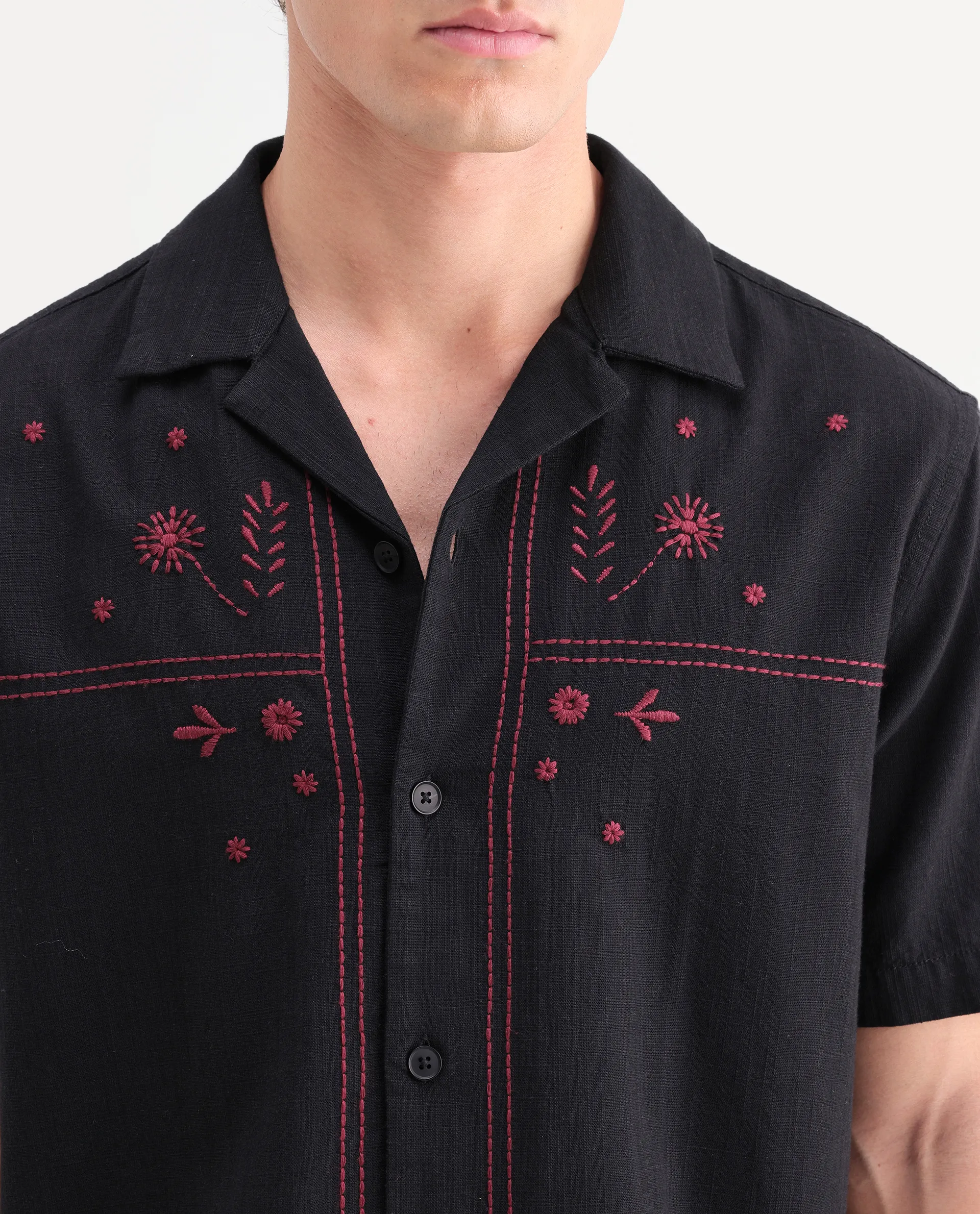 Rare Rabbit Men's Gwen 26 Dark Black Cotton Blend Fabric Half Sleeve Cuban Collar Relaxed Fit Embroidered Shirt - Image 3