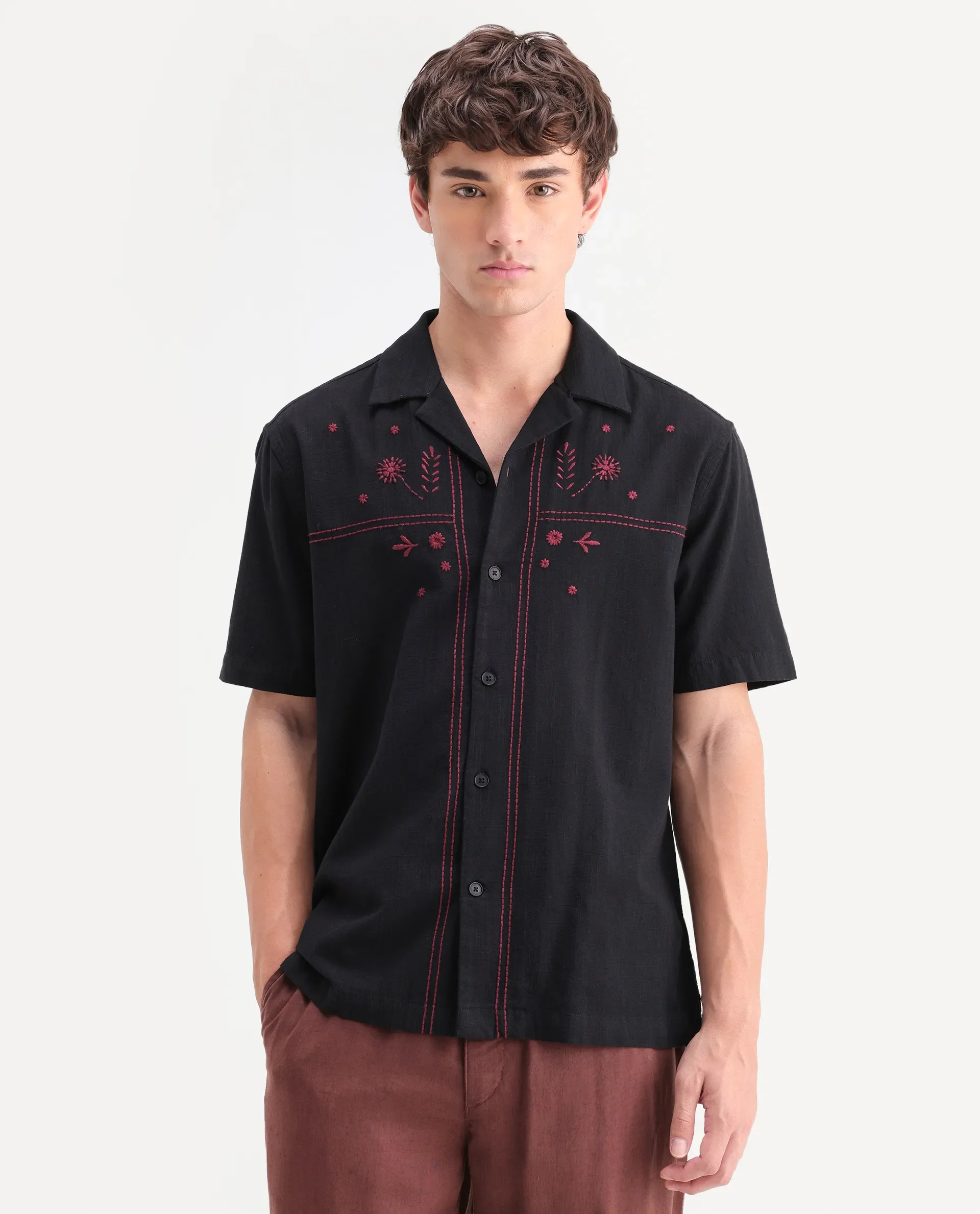 Rare Rabbit Men's Gwen 26 Dark Black Cotton Blend Fabric Half Sleeve Cuban Collar Relaxed Fit Embroidered Shirt - Image 4