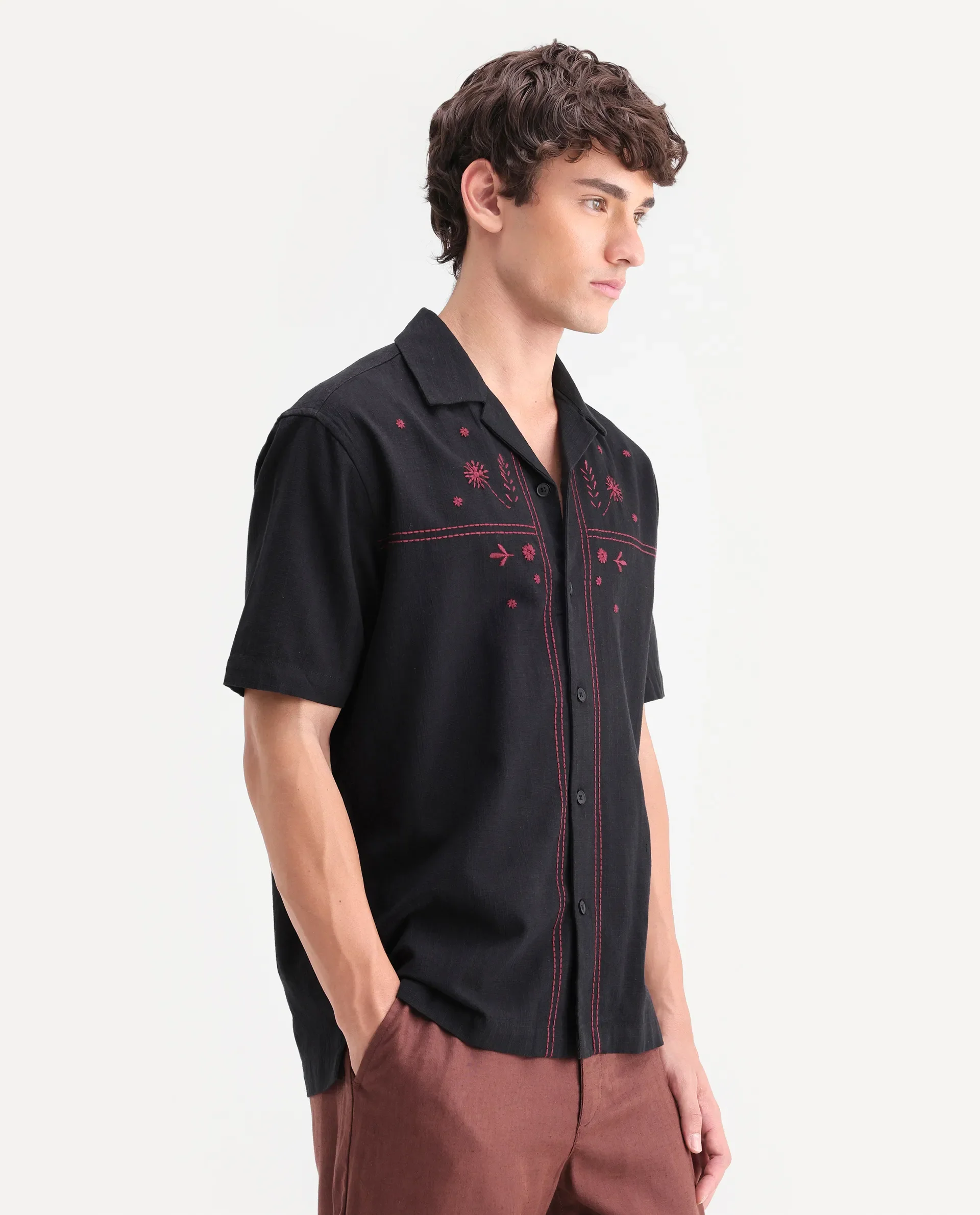 Rare Rabbit Men's Gwen 26 Dark Black Cotton Blend Fabric Half Sleeve Cuban Collar Relaxed Fit Embroidered Shirt - Image 5