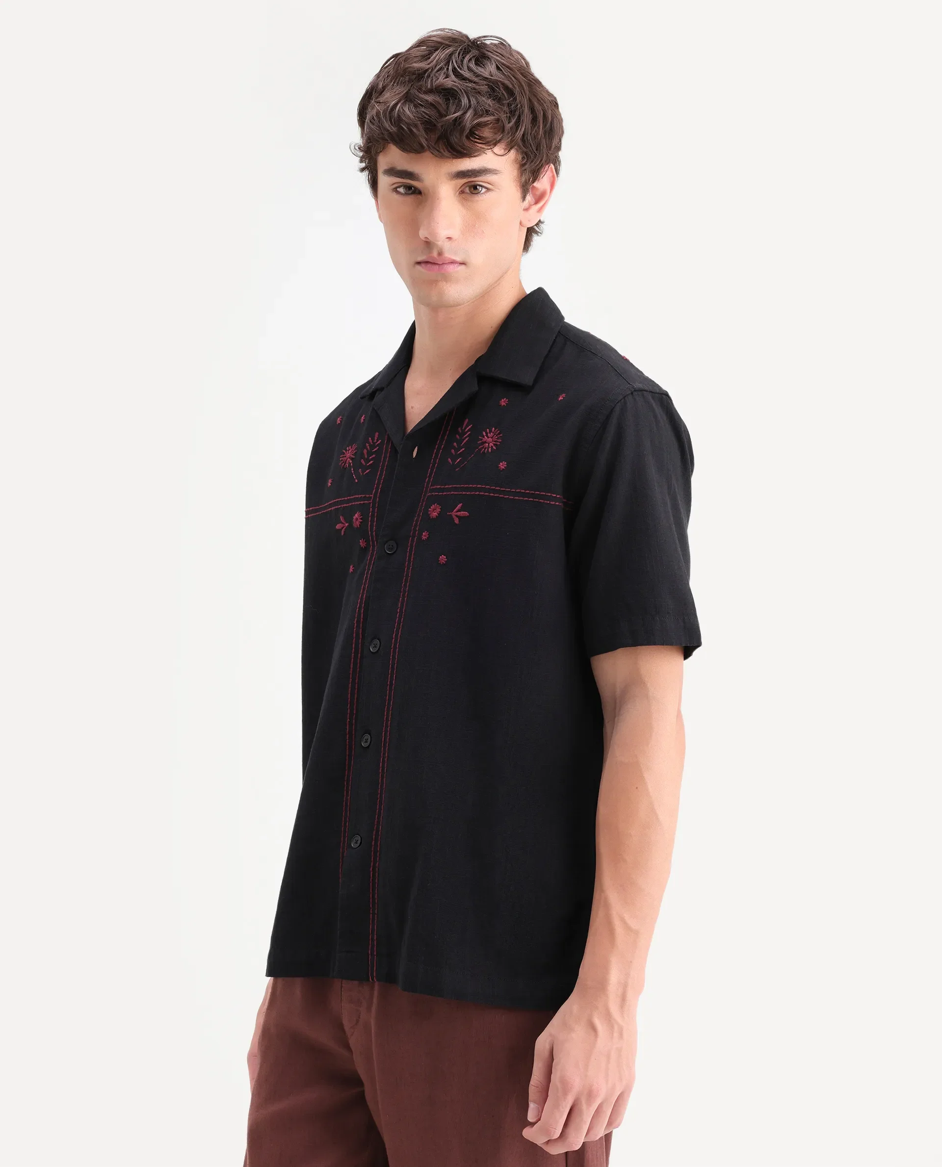 Rare Rabbit Men's Gwen 26 Dark Black Cotton Blend Fabric Half Sleeve Cuban Collar Relaxed Fit Embroidered Shirt - Image 6