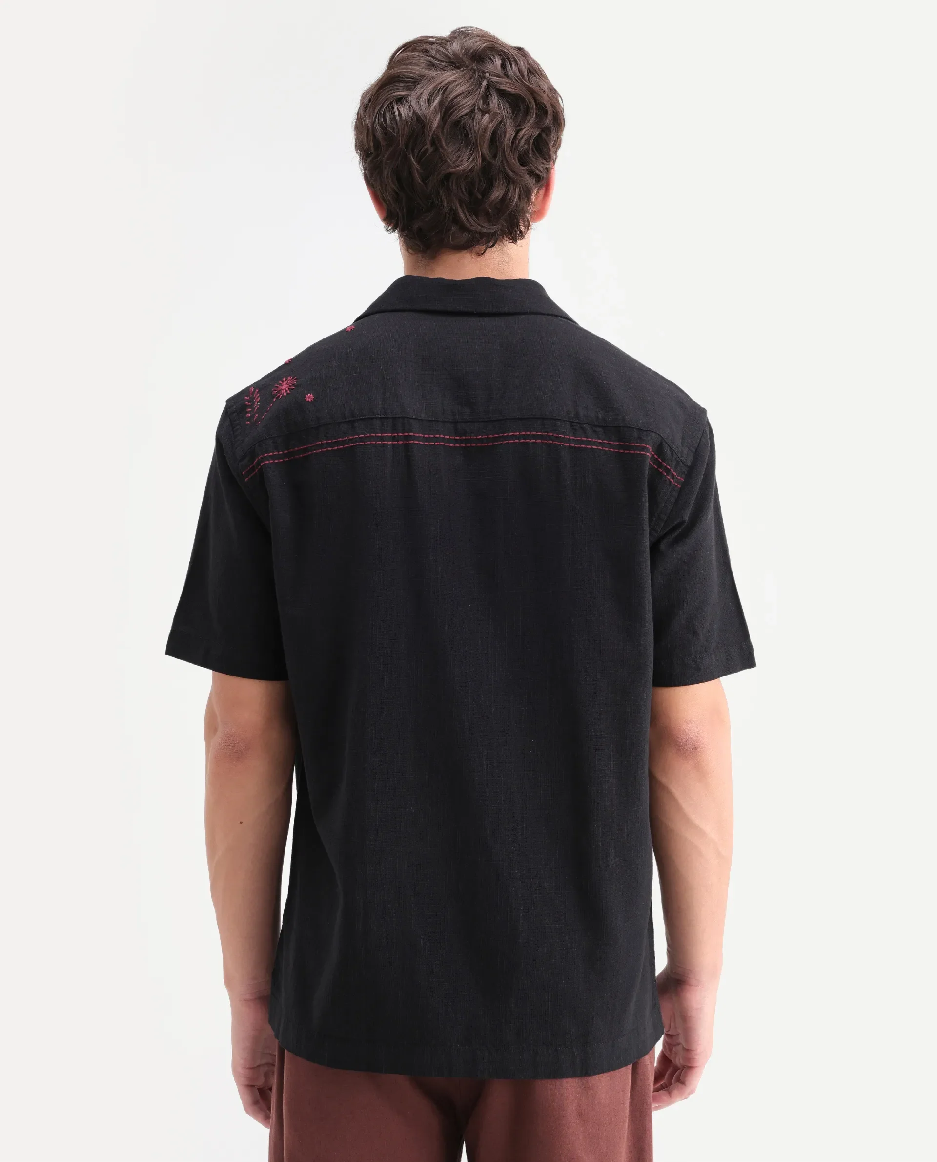 Rare Rabbit Men's Gwen 26 Dark Black Cotton Blend Fabric Half Sleeve Cuban Collar Relaxed Fit Embroidered Shirt - Image 7