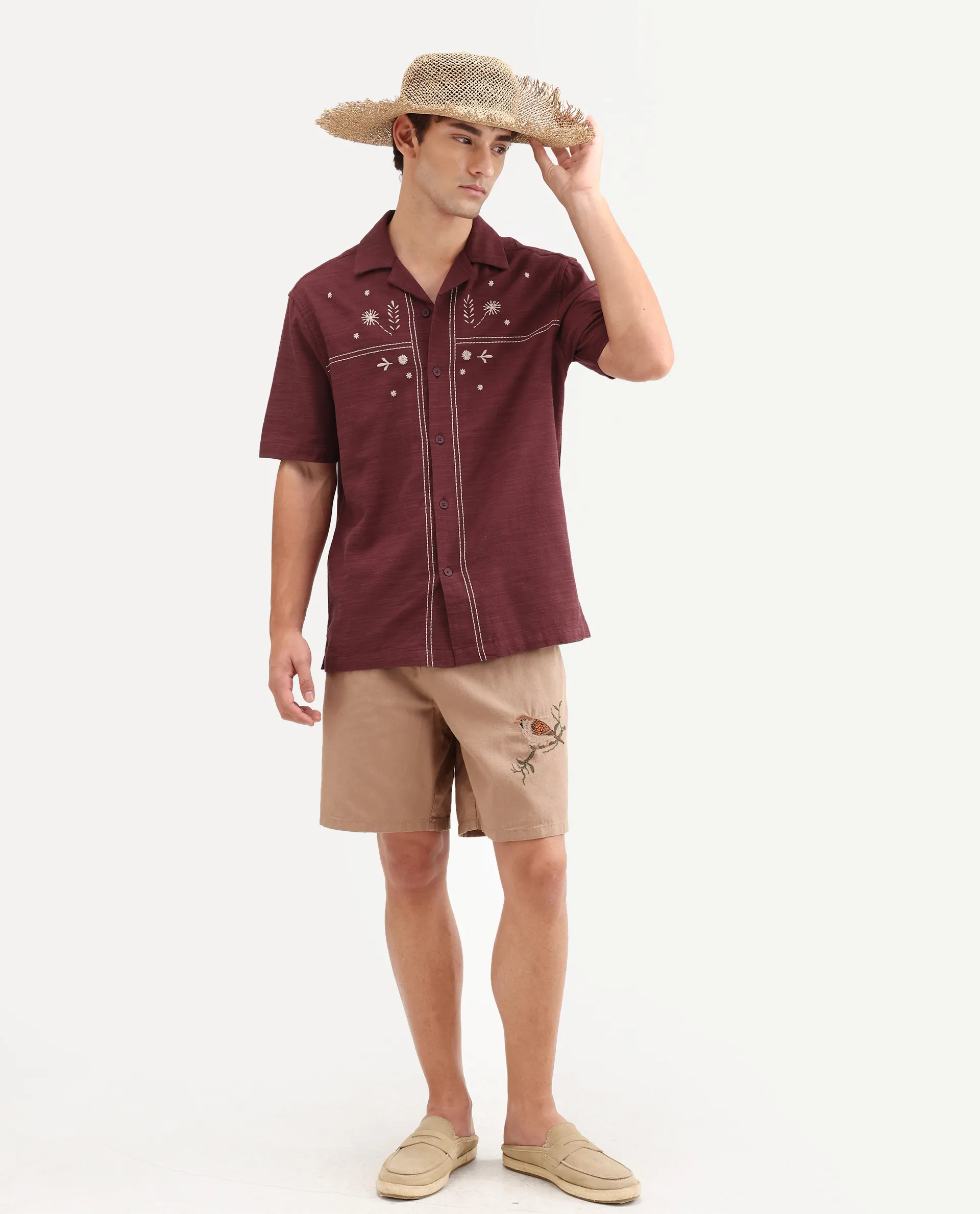 Rare Rabbit Men's Gwen 26 Red Cotton Blend Fabric Half Sleeve Cuban Collar Relaxed Fit Embroidered Shirt - Image 2