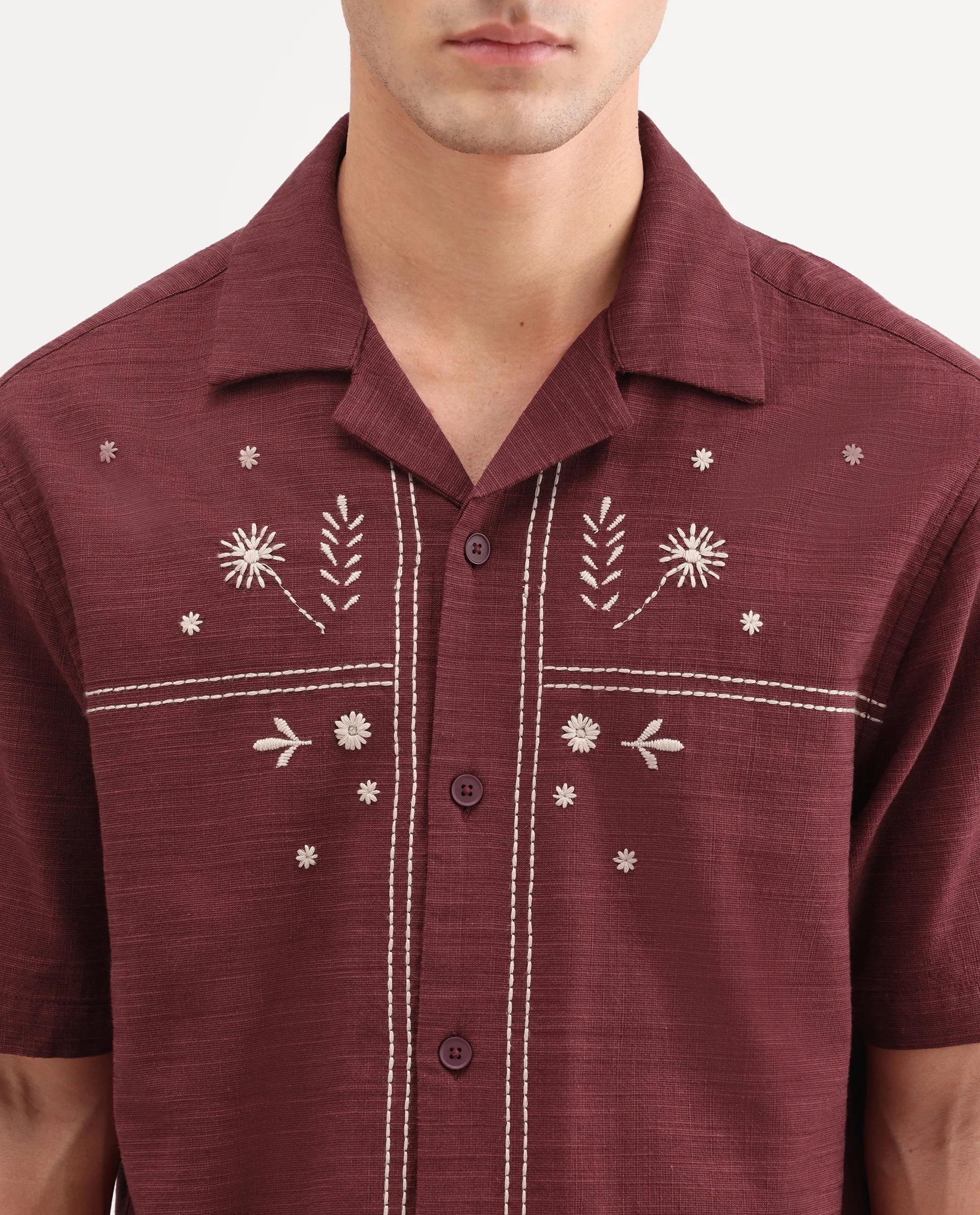 Rare Rabbit Men's Gwen 26 Red Cotton Blend Fabric Half Sleeve Cuban Collar Relaxed Fit Embroidered Shirt - Image 3