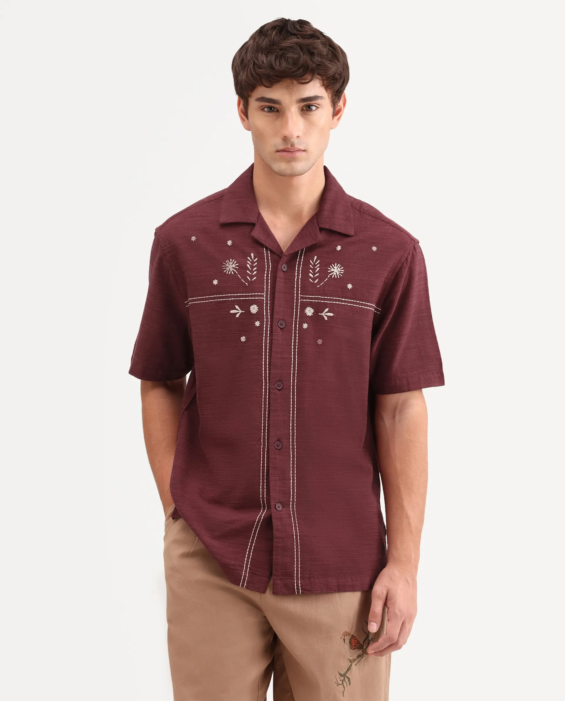 Rare Rabbit Men's Gwen 26 Red Cotton Blend Fabric Half Sleeve Cuban Collar Relaxed Fit Embroidered Shirt - Image 4