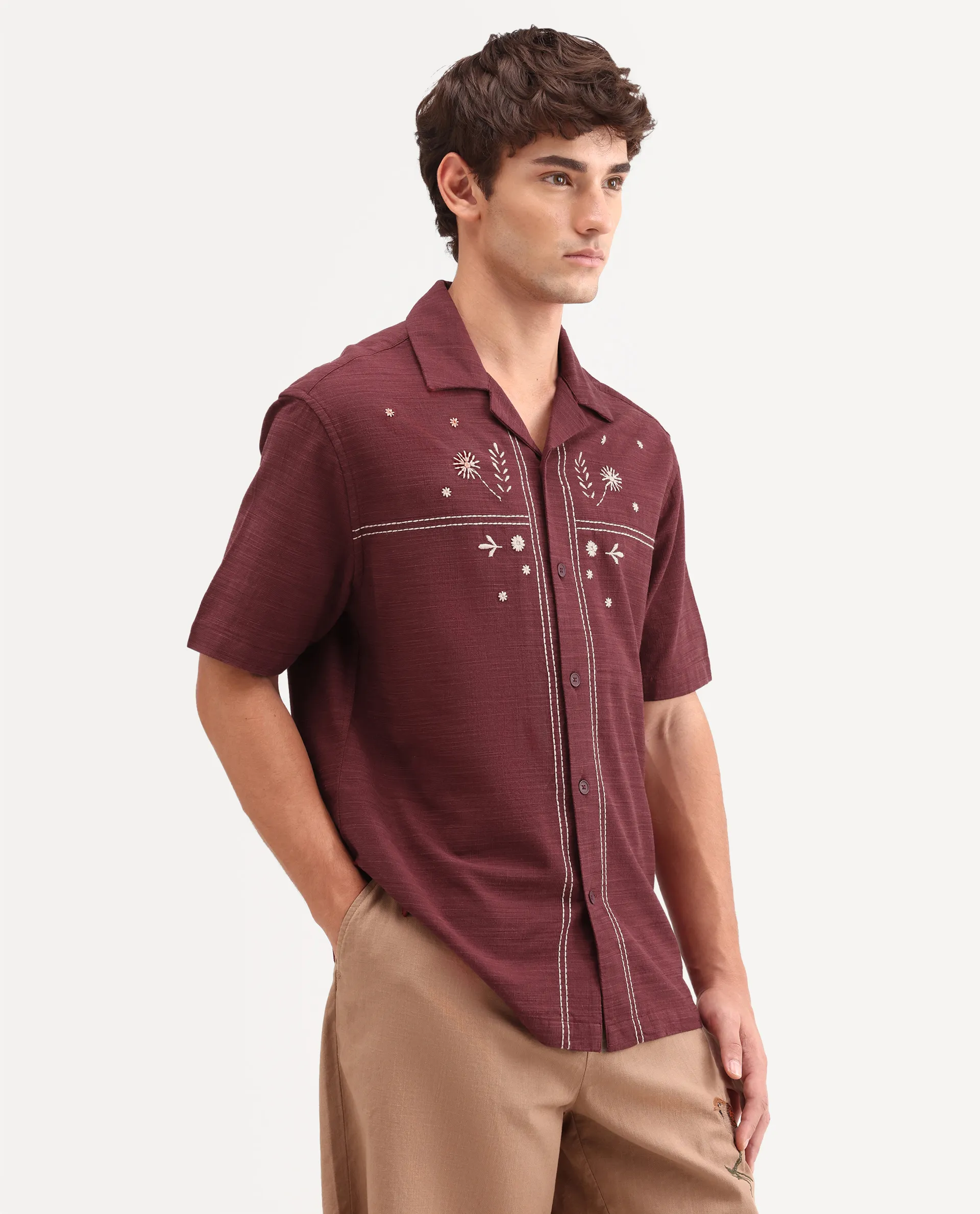 Rare Rabbit Men's Gwen 26 Red Cotton Blend Fabric Half Sleeve Cuban Collar Relaxed Fit Embroidered Shirt - Image 5