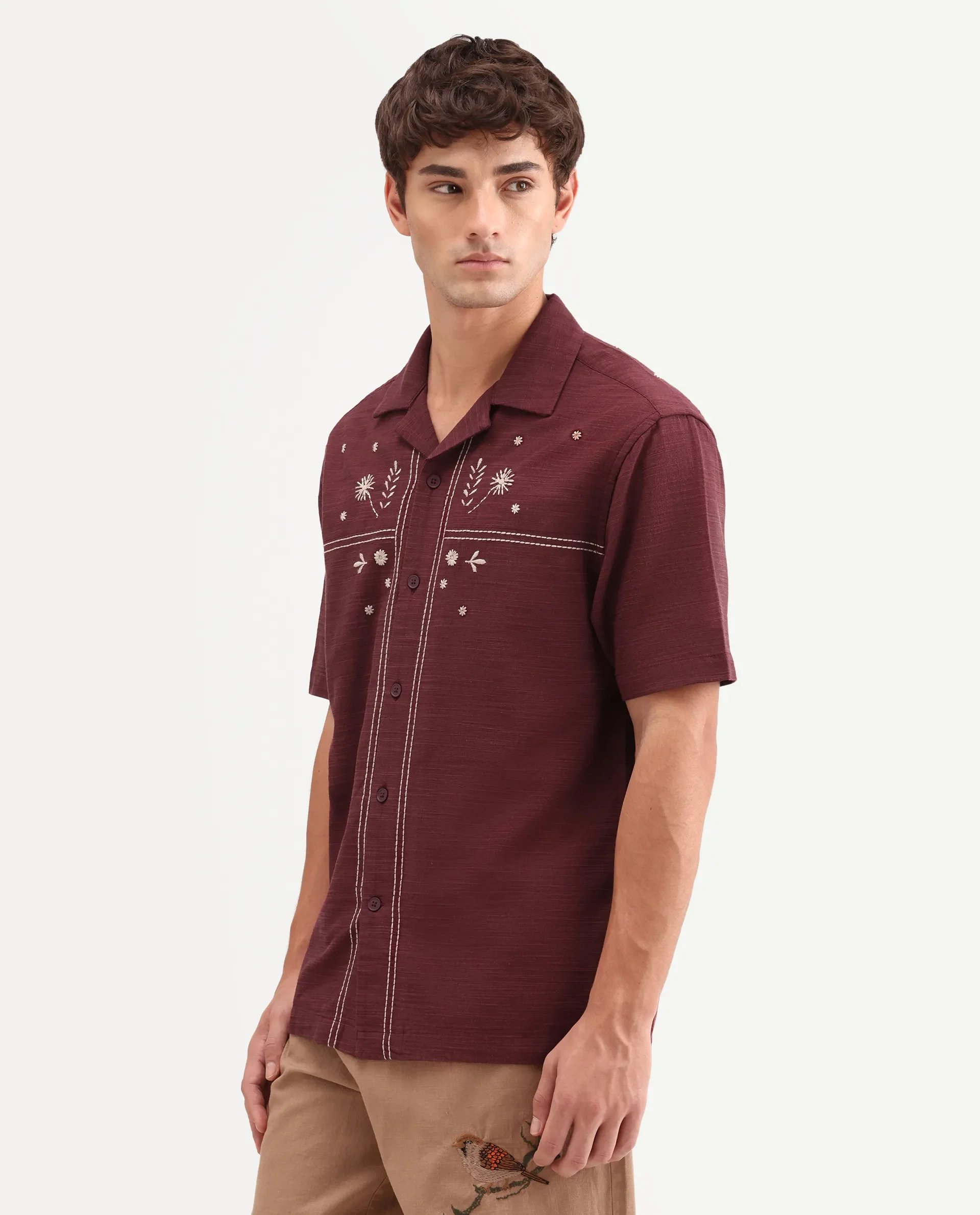 Rare Rabbit Men's Gwen 26 Red Cotton Blend Fabric Half Sleeve Cuban Collar Relaxed Fit Embroidered Shirt - Image 6