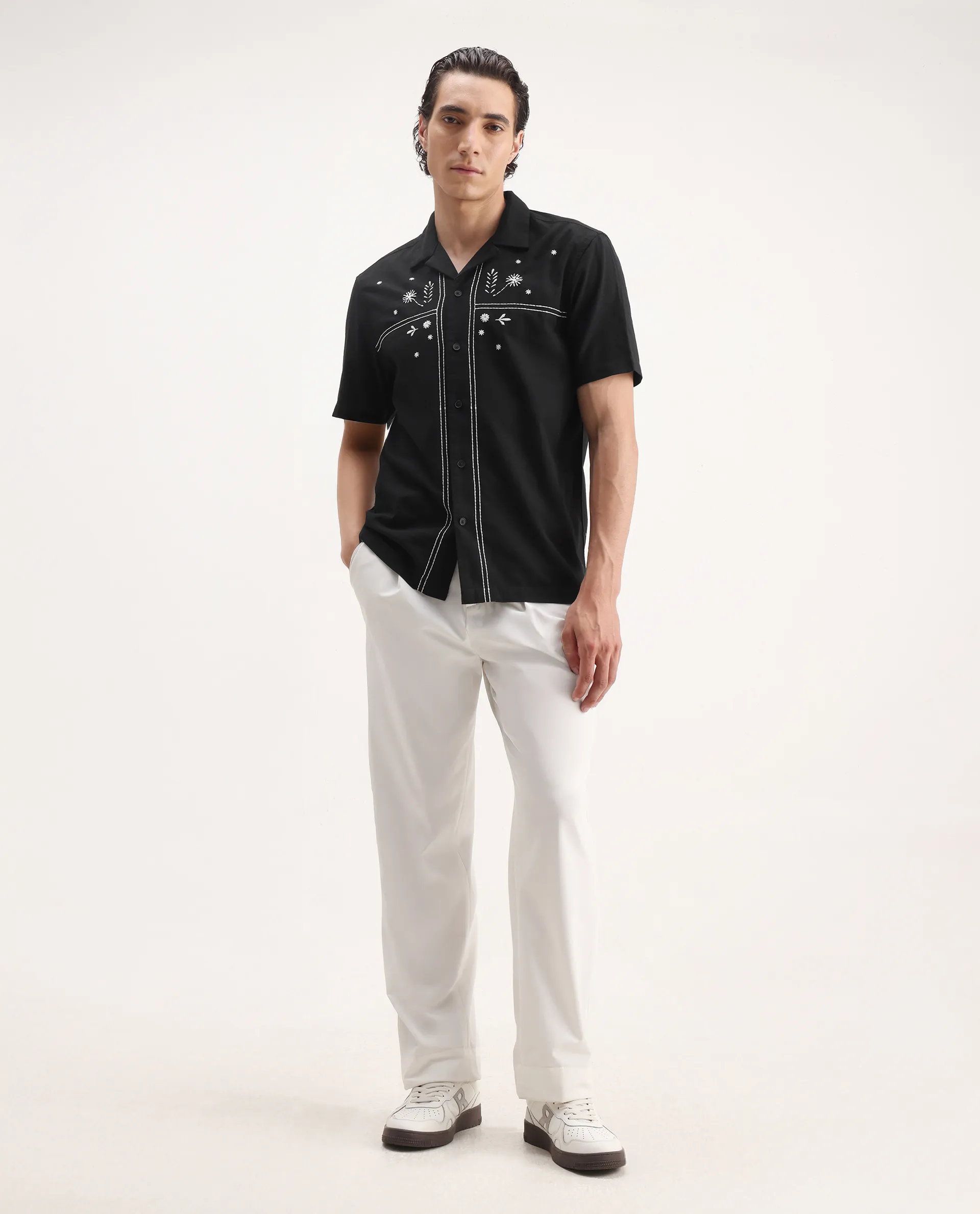 Rare Rabbit Men's Gwen Black Viscose Embroidered Boxy Fit Half Sleeve Cuban Collar Shirt - Image 2