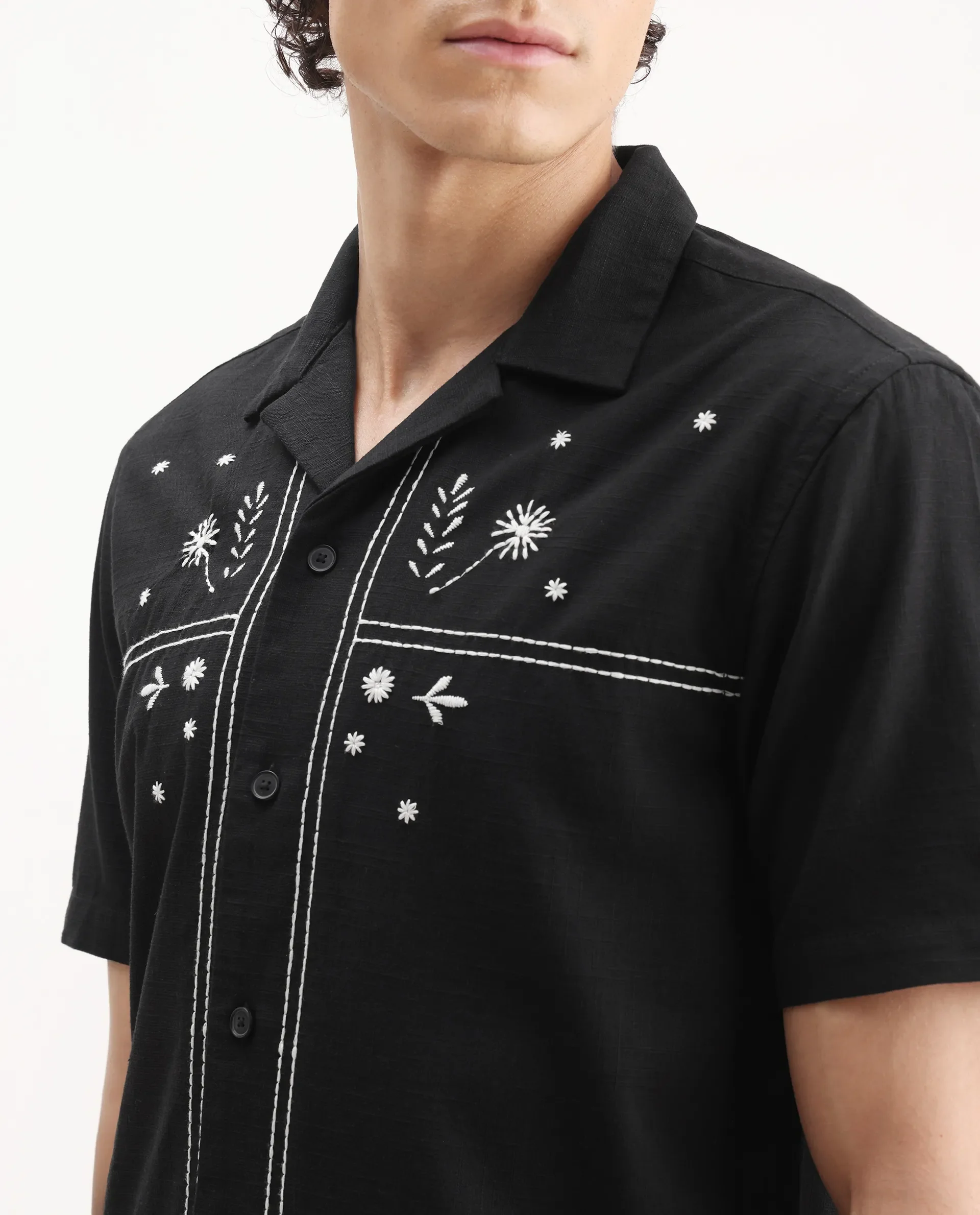 Rare Rabbit Men's Gwen Black Viscose Embroidered Boxy Fit Half Sleeve Cuban Collar Shirt - Image 3