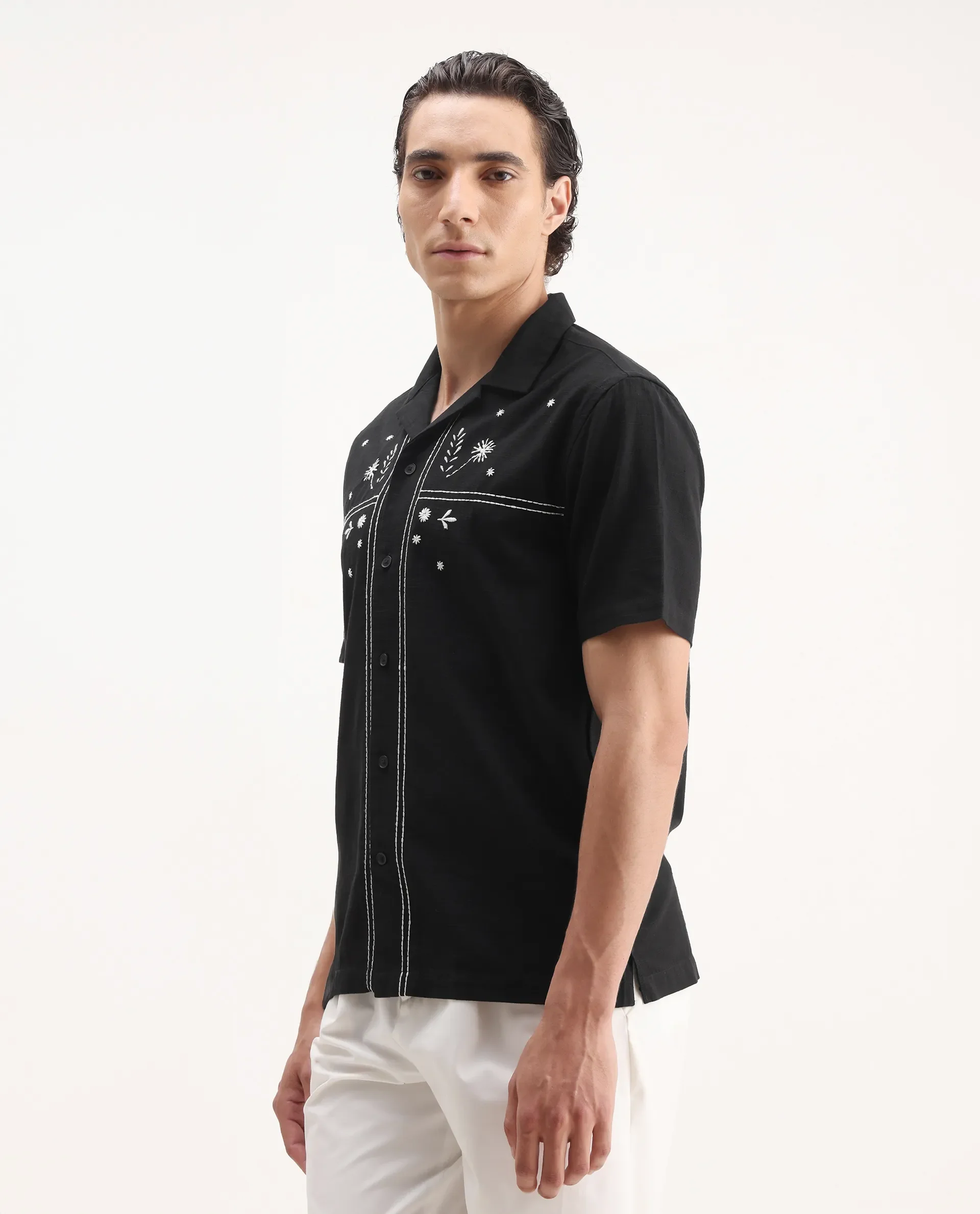 Rare Rabbit Men's Gwen Black Viscose Embroidered Boxy Fit Half Sleeve Cuban Collar Shirt - Image 4