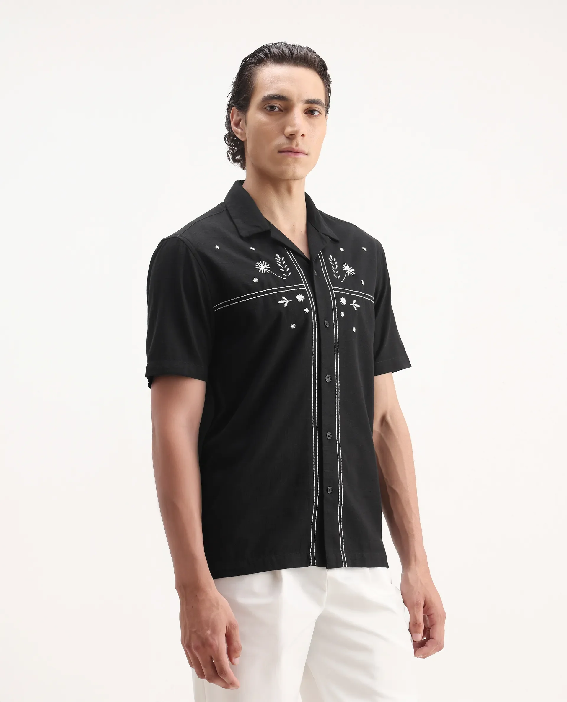 Rare Rabbit Men's Gwen Black Viscose Embroidered Boxy Fit Half Sleeve Cuban Collar Shirt - Image 5