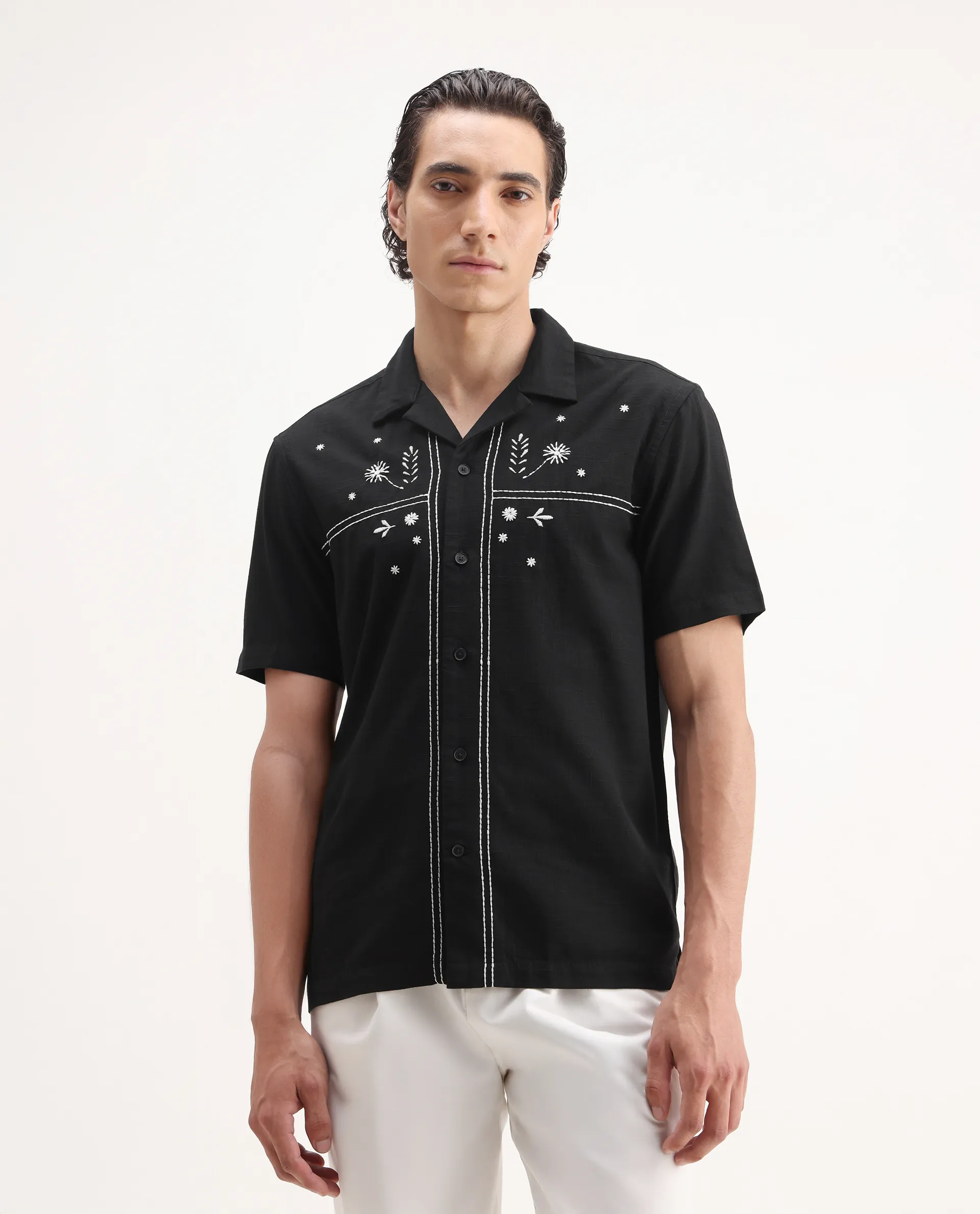 Rare Rabbit Men's Gwen Black Viscose Embroidered Boxy Fit Half Sleeve Cuban Collar Shirt - Image 7