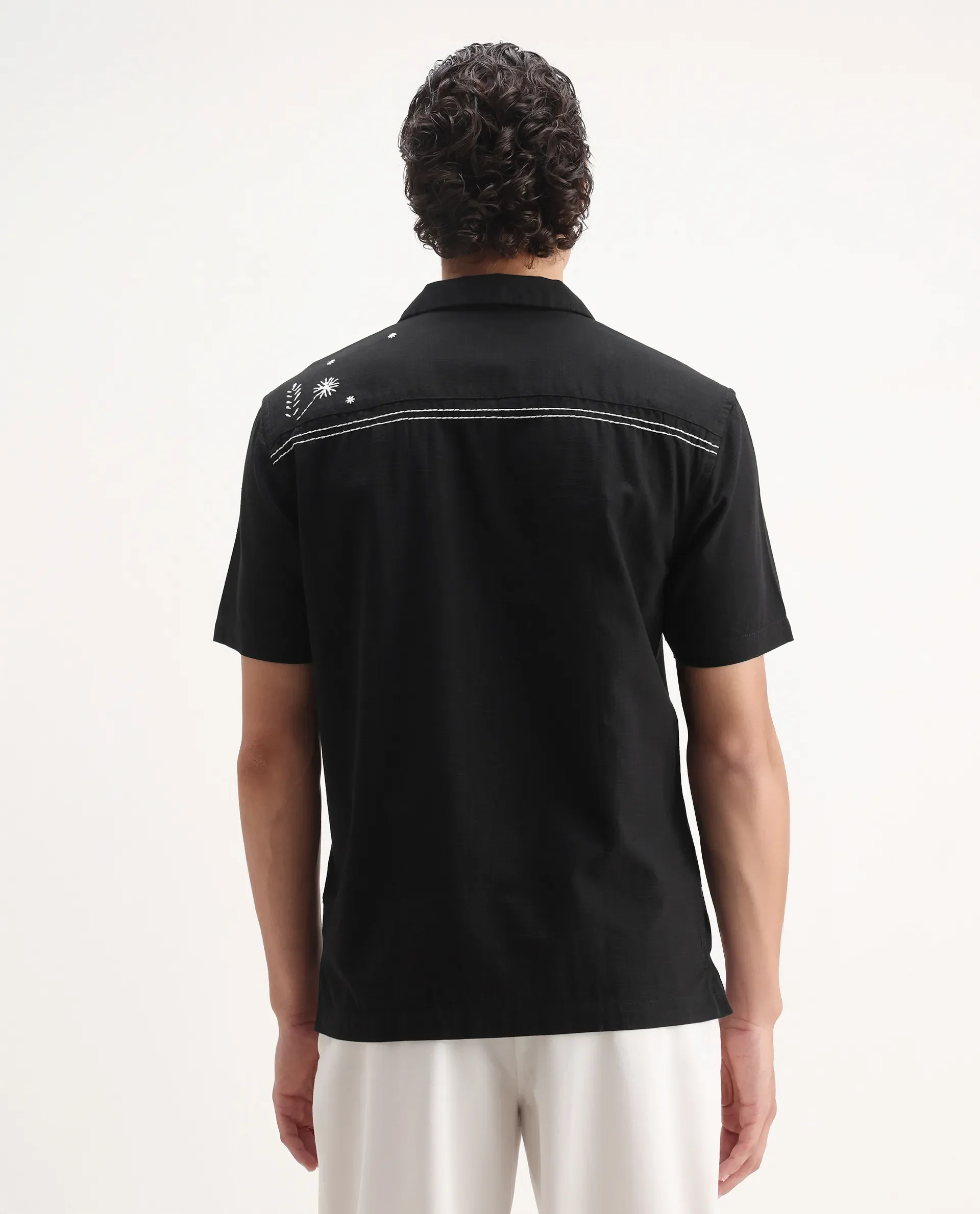 Rare Rabbit Men's Gwen Black Viscose Embroidered Boxy Fit Half Sleeve Cuban Collar Shirt - Image 8