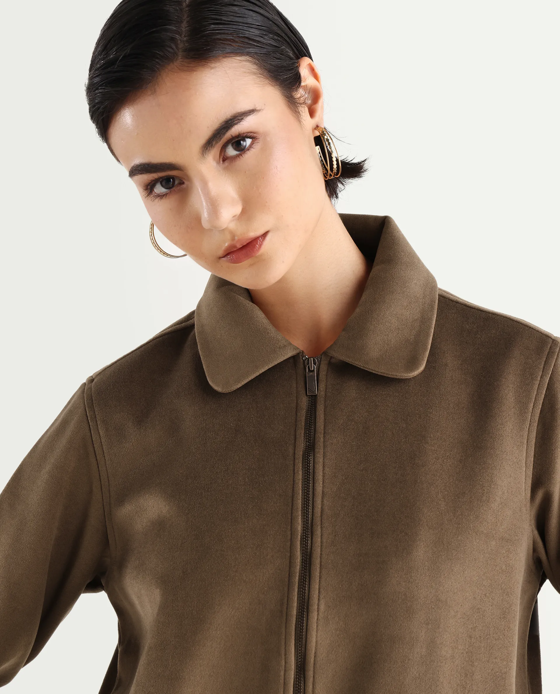 Rareism Women's Gympie Dark Tan Tweed Spread Collar Plain Cuffed Sleeve Regular Fit Jacket - Image 3