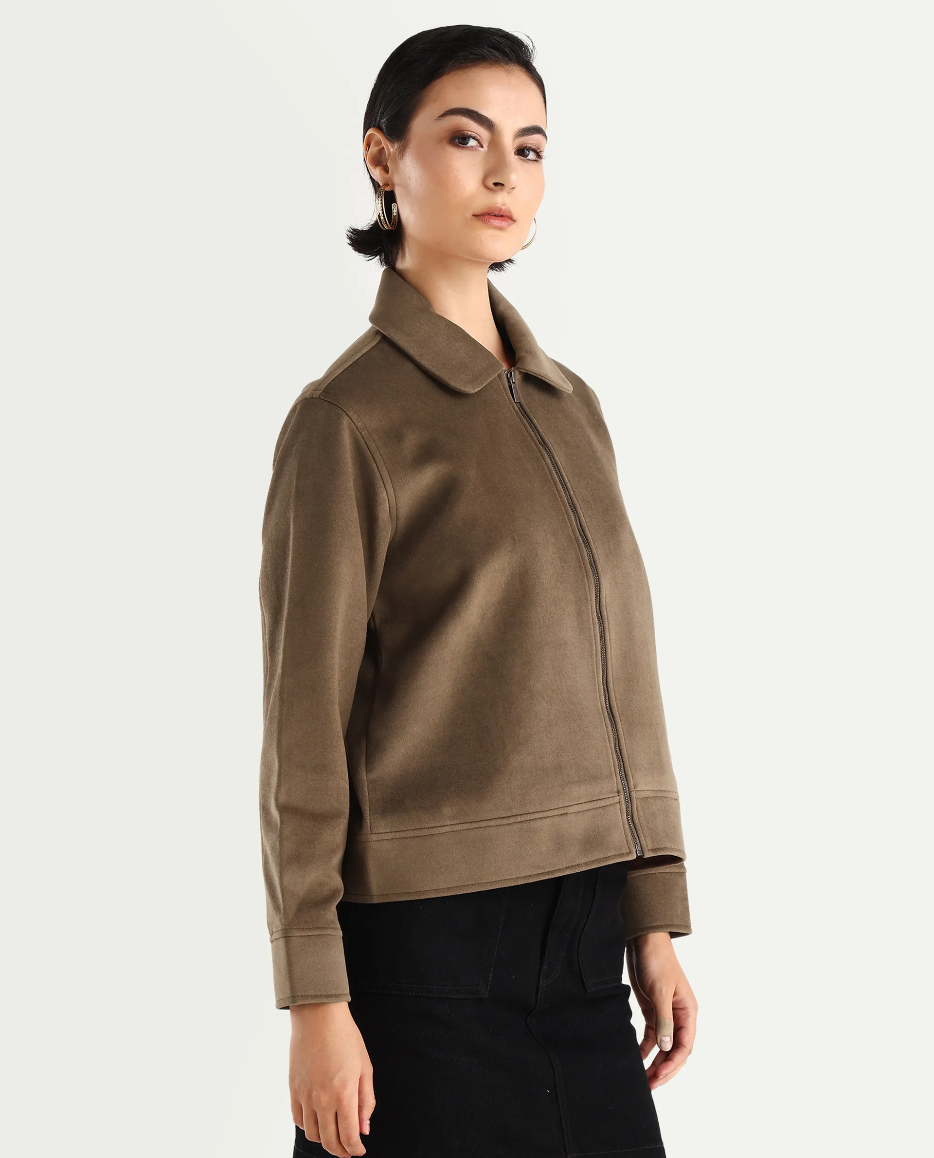 Rareism Women's Gympie Dark Tan Tweed Spread Collar Plain Cuffed Sleeve Regular Fit Jacket - Image 6