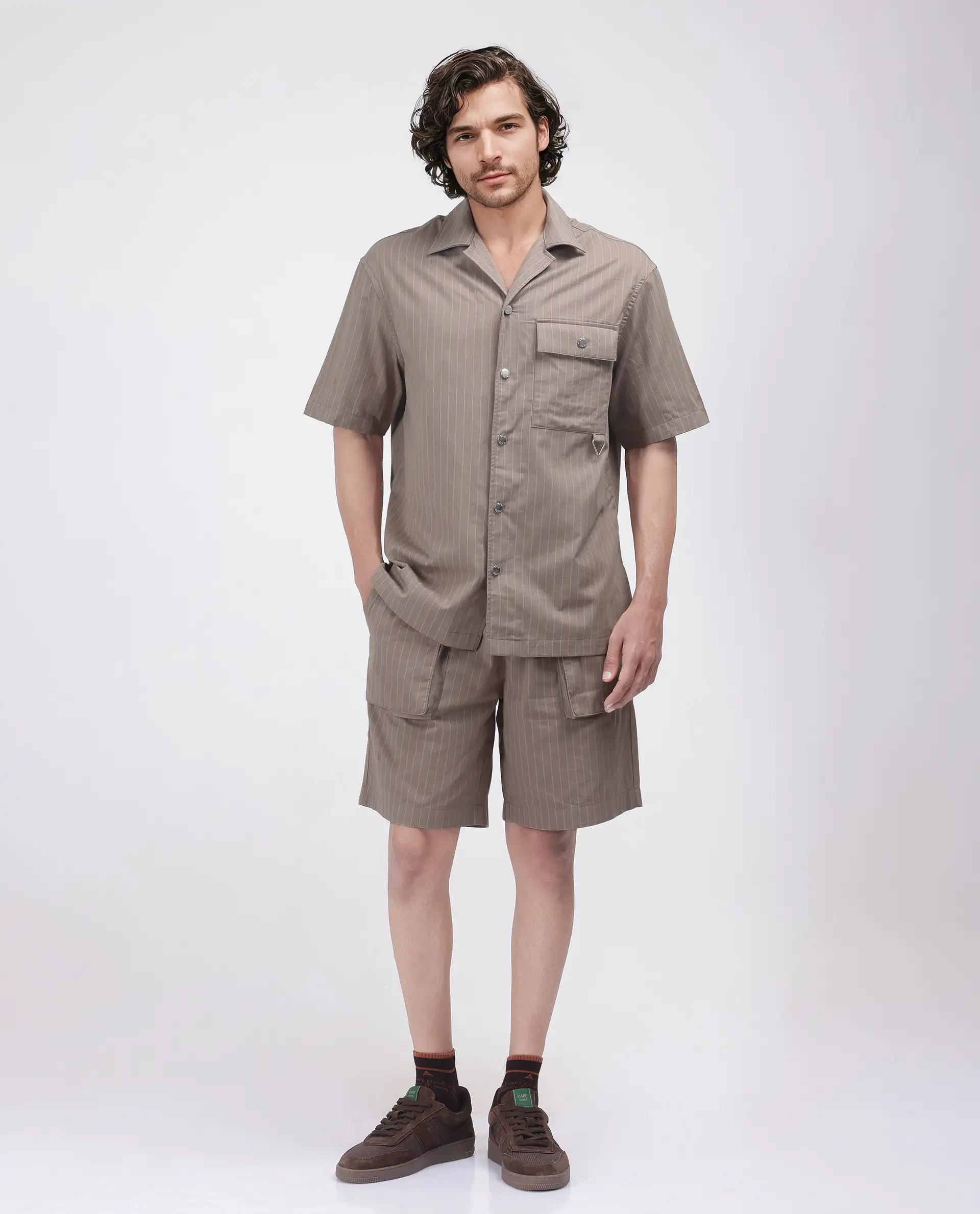 Rare Rabbit Men's Haba Dusky Beige Cotton Blend Striped Print Boxy Fit Half Sleeve Cuban Collar Shirt - Image 2