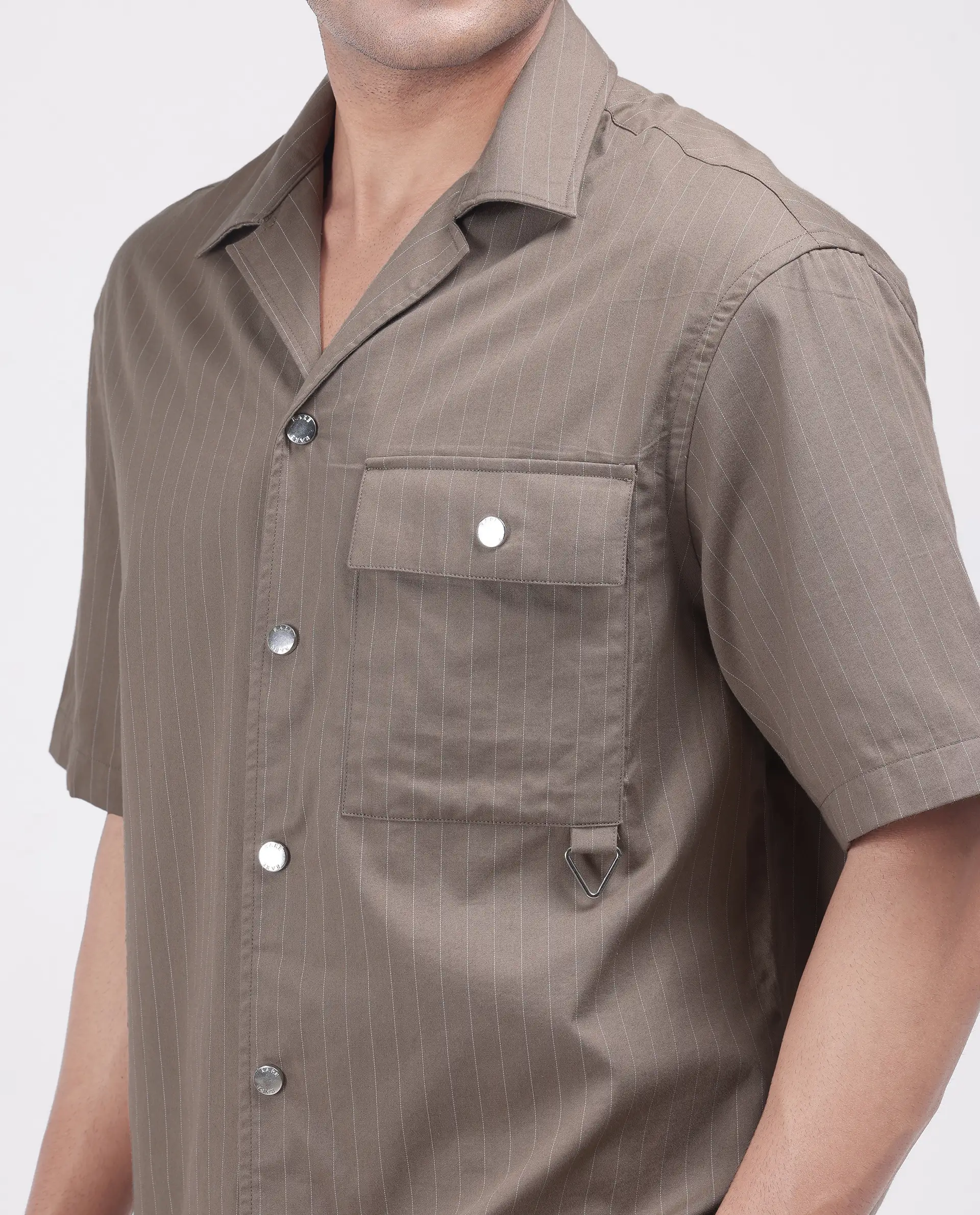 Rare Rabbit Men's Haba Dusky Beige Cotton Blend Striped Print Boxy Fit Half Sleeve Cuban Collar Shirt - Image 3