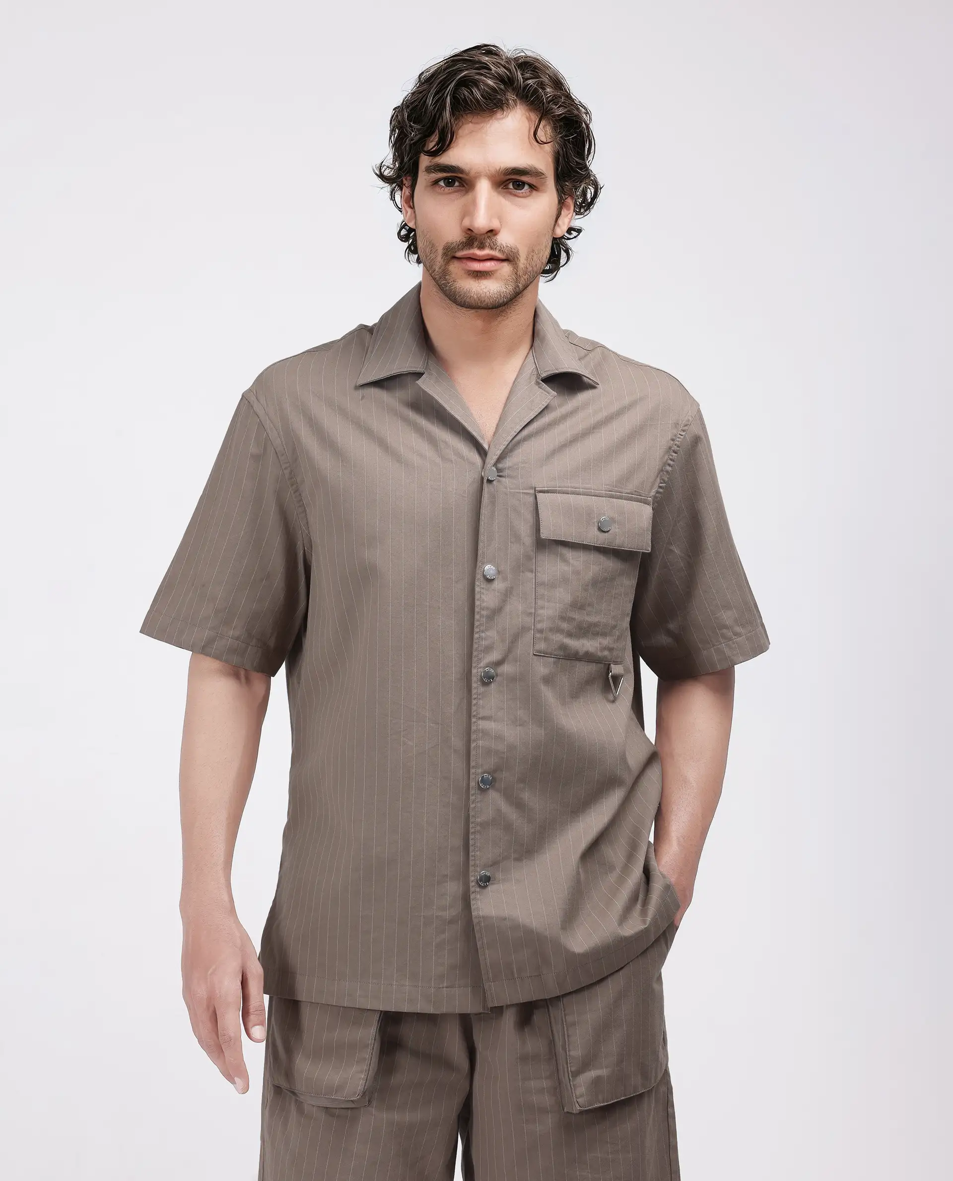 Rare Rabbit Men's Haba Dusky Beige Cotton Blend Striped Print Boxy Fit Half Sleeve Cuban Collar Shirt - Image 5